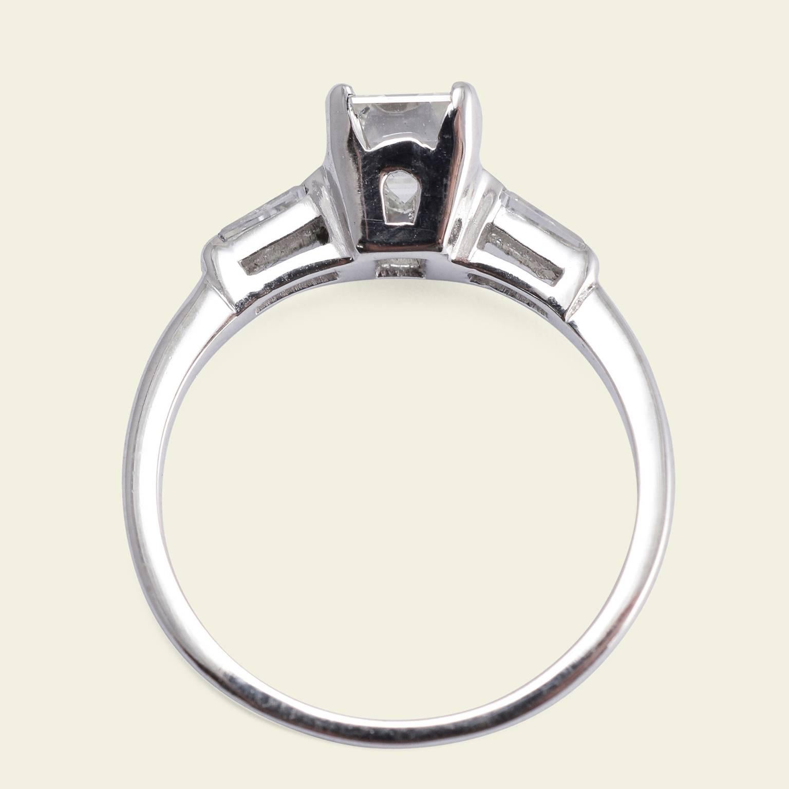 Retro Vintage 1.14 Carat Emerald Cut Diamond Engagement Ring For Sale