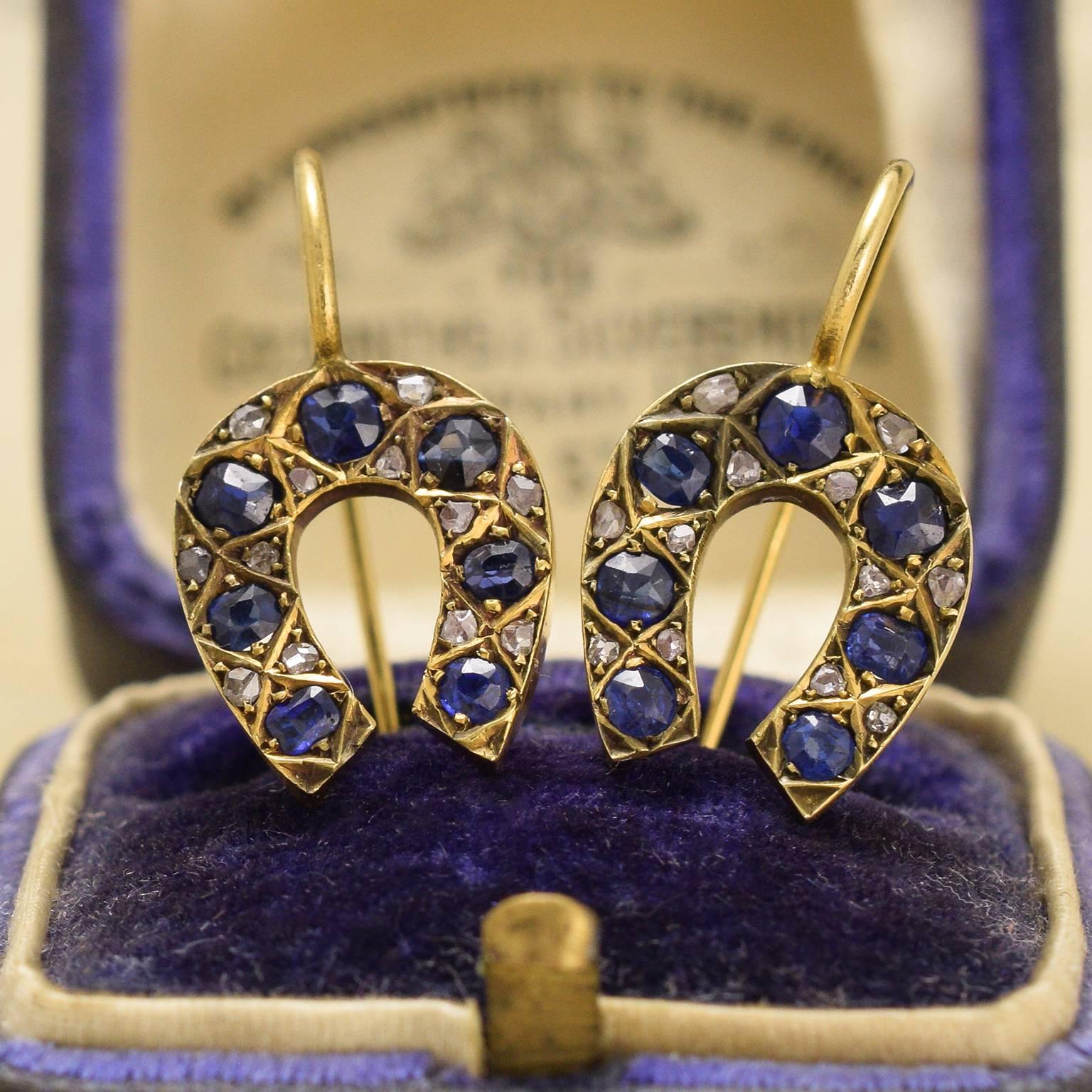 Edwardian Sapphire and Diamond Horseshoe Earrings In Good Condition In Brooklyn, NY