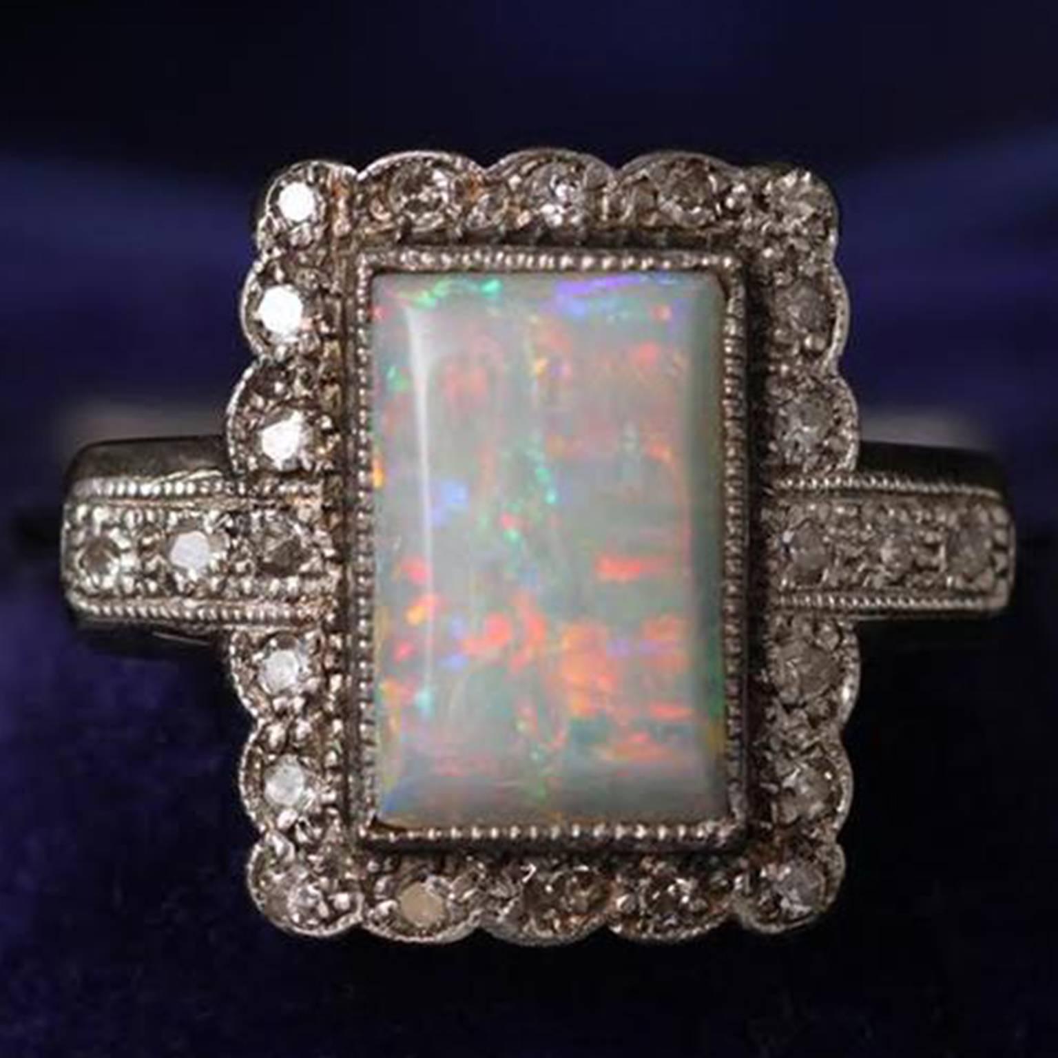 Women's Art Deco Rectangular Opal and Diamond Cluster Ring