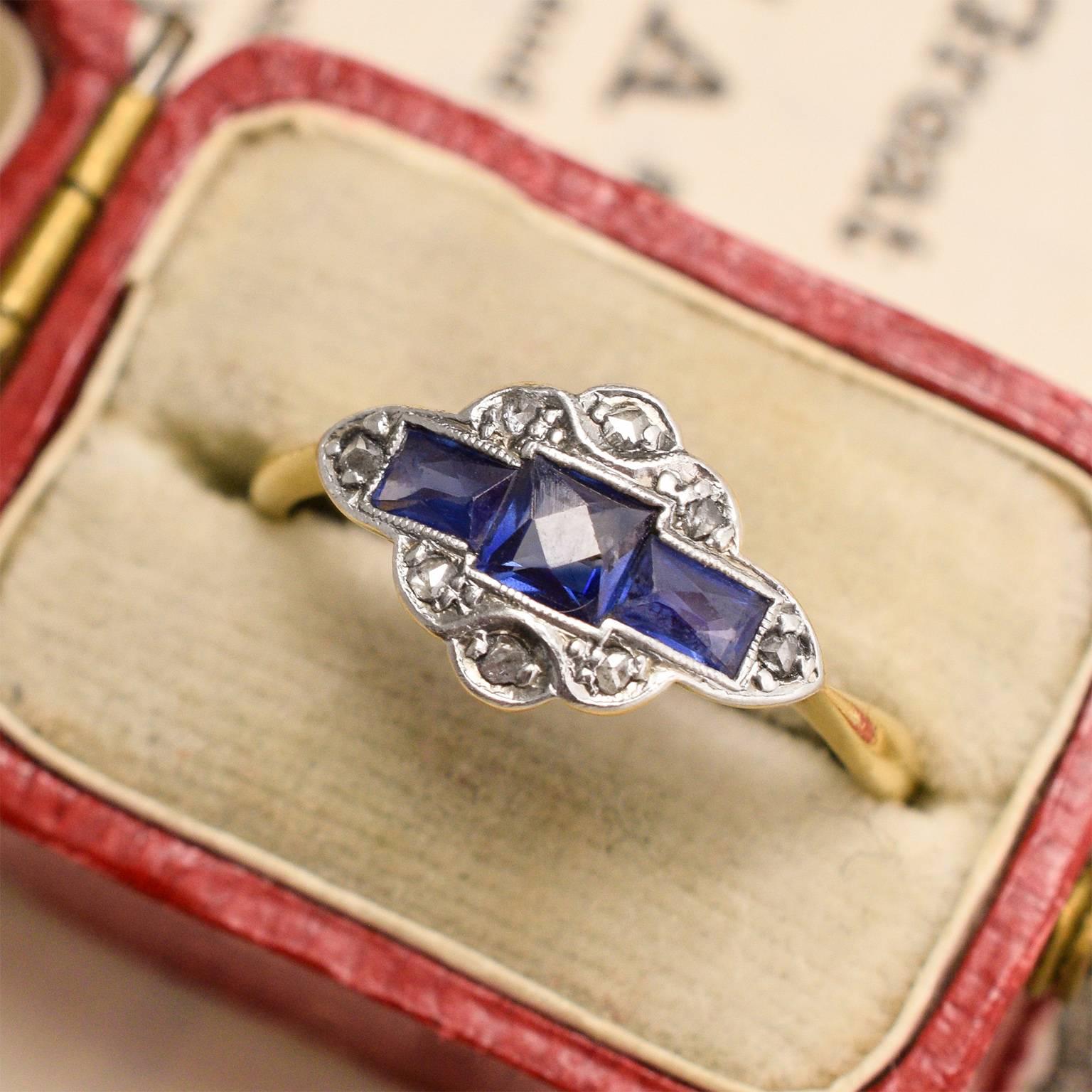 Women's Art Deco Ring with French Cut Sapphires and Rose Cut Diamonds