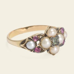 Victorian Pearl, Ruby and Emerald Ring with Concealed Hair Locket