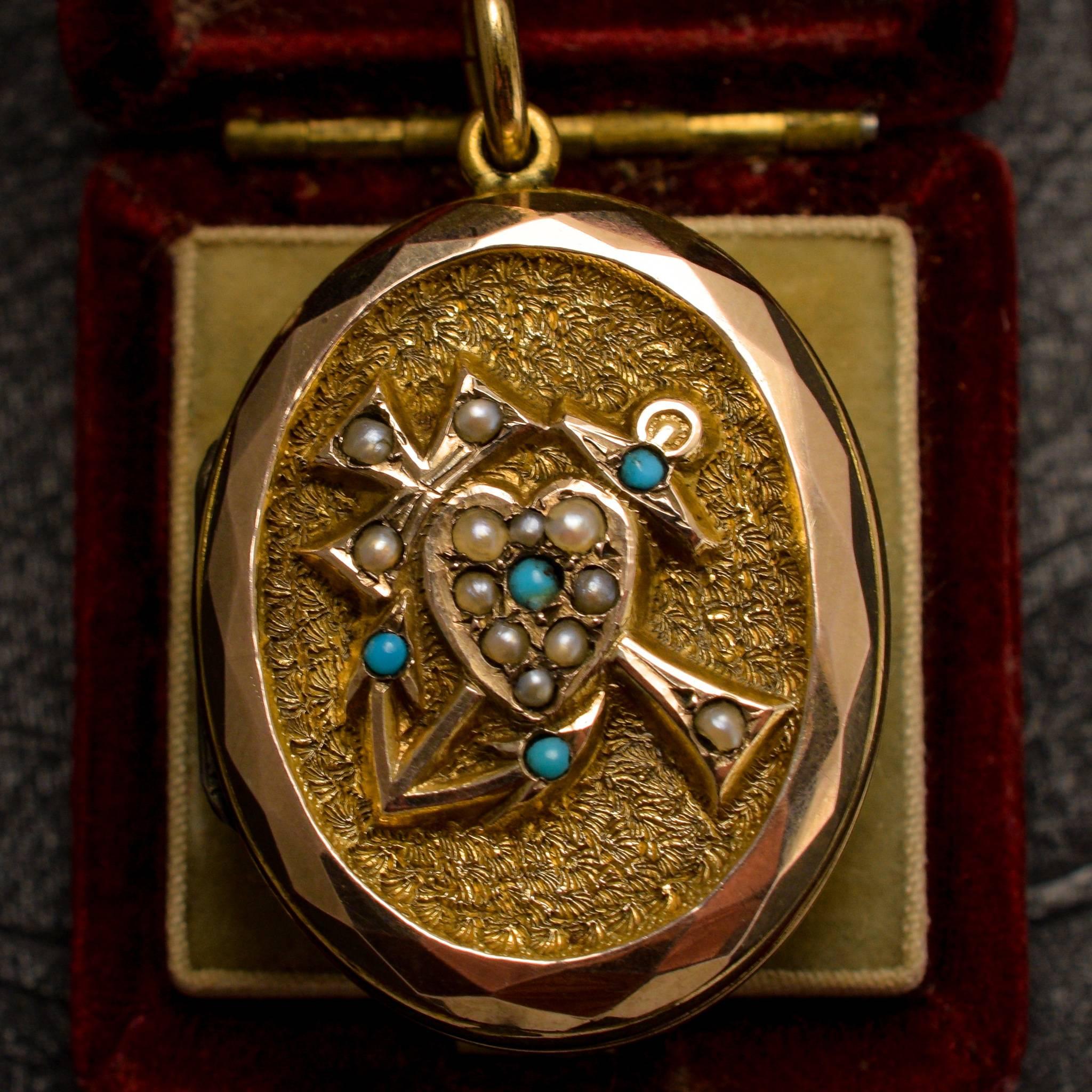 Victorian Faith, Hope and Charity Locket with Turquoise and Pearls In Good Condition For Sale In Brooklyn, NY