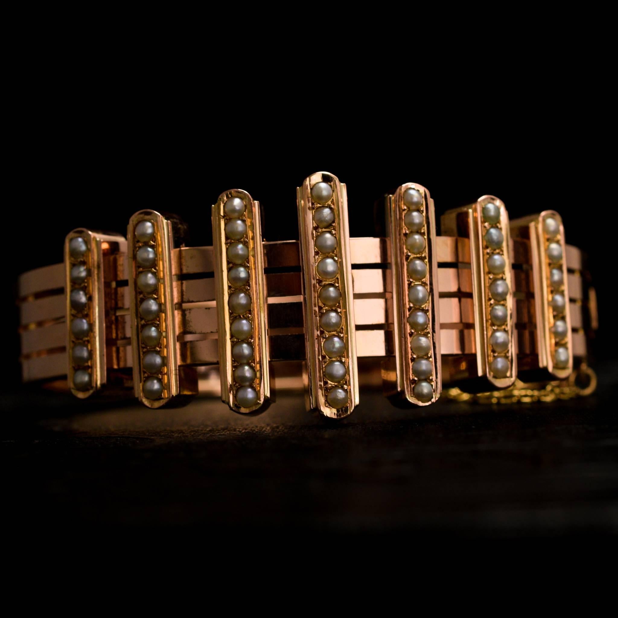 19th Century French Rose Gold Pearl Bar Bracelet In Good Condition In Brooklyn, NY