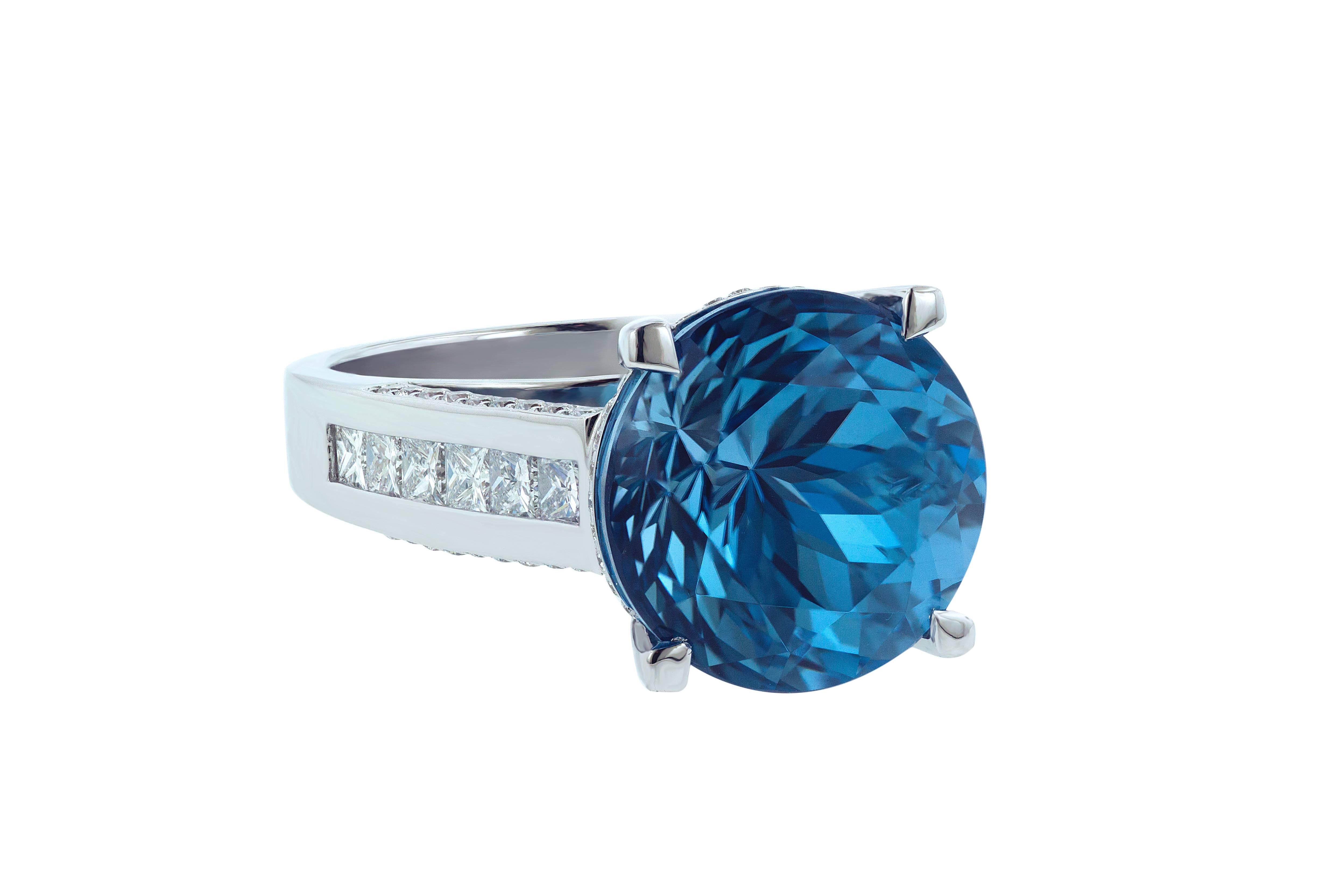 Art Deco 11.94 Carat London Blue Topaz Diamond Cocktail Ring