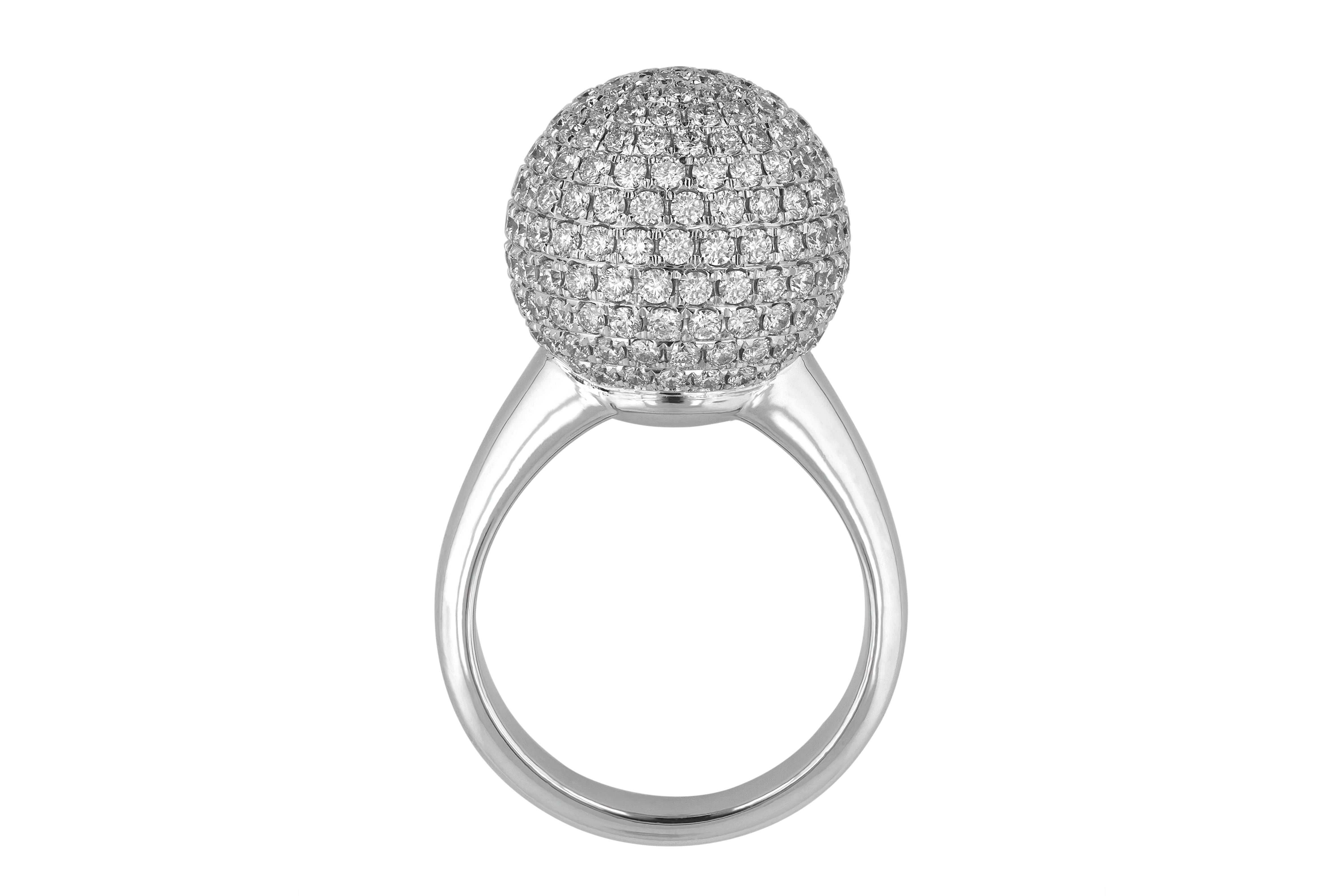 Brand new, one-of-a-kind, diamond cocktail ring. This unique statement piece features a total of 3.10 carats of natural white diamonds, set in white gold. The ring is a size 6 and can be adjusted by us for a perfect fit. The ring has a total gold