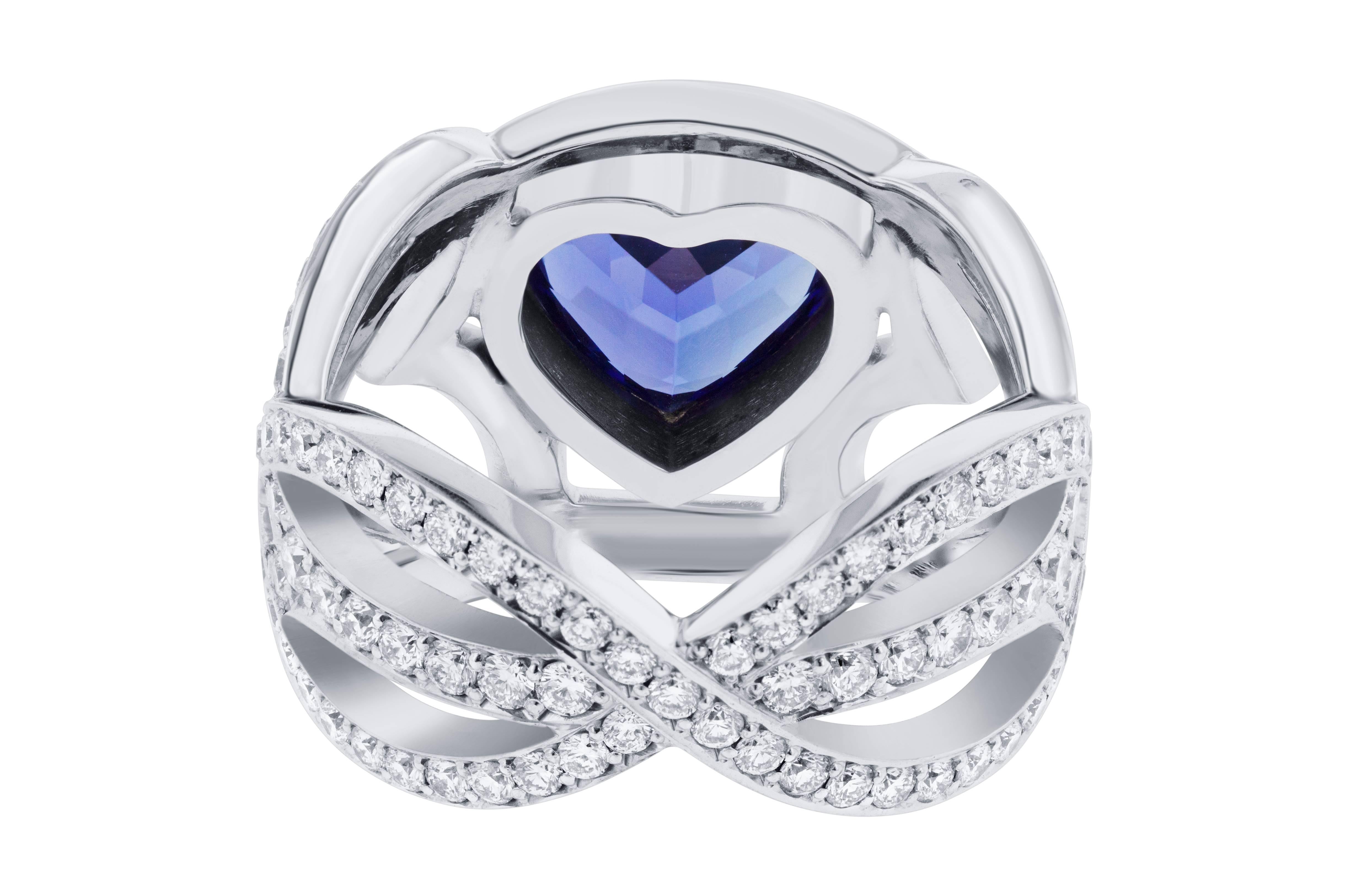 Women's Romantic 3.79 Carat Heart Cut Dark Blue Tanzanite and 2.39 Carat White Diamond R For Sale