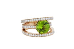 3.60 Carat Round Peridot with 196 Round White Diamonds Three-Band Ring