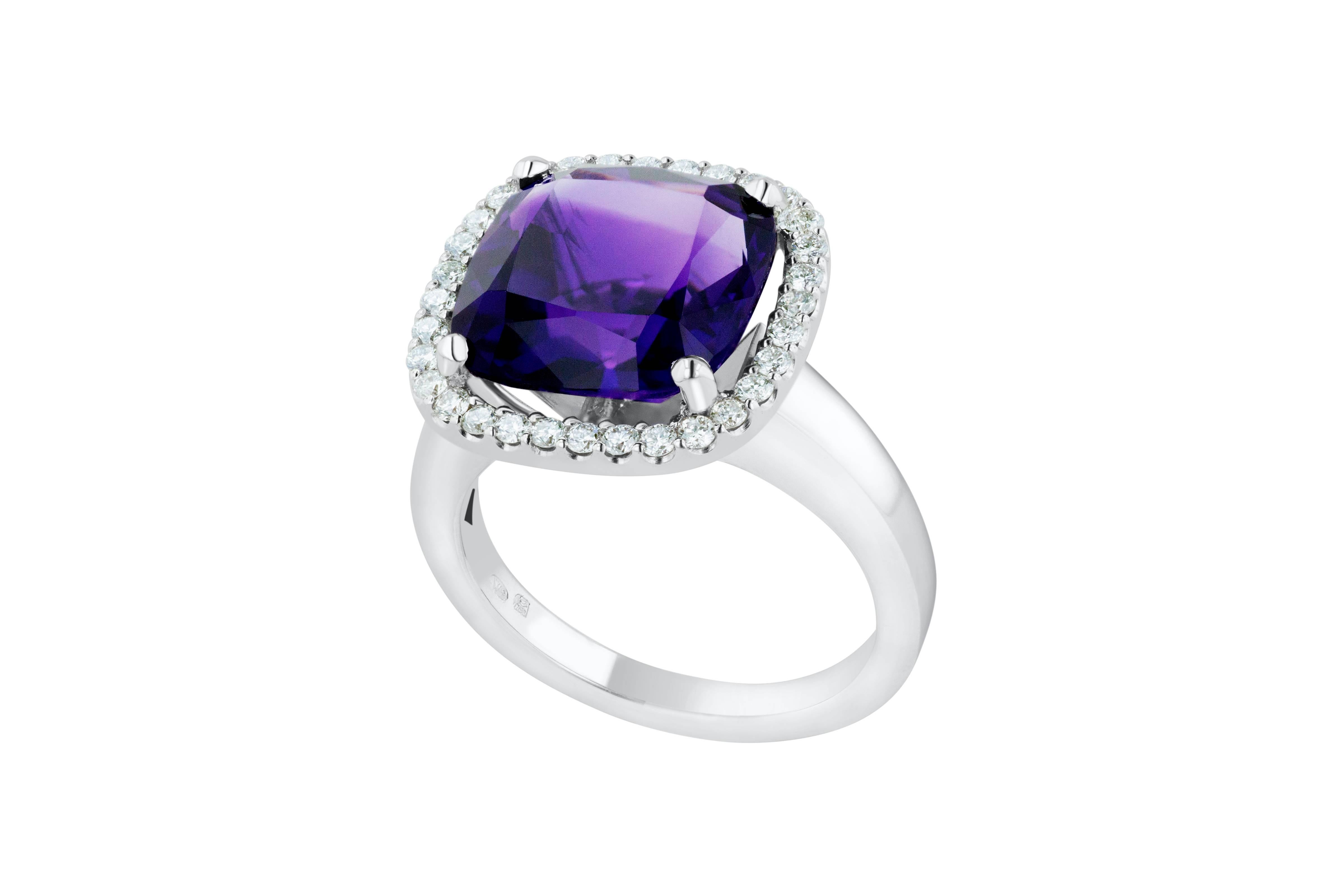 Brand new, handmade, purple Amethyst & Diamond cocktail ring. The white gold mounting and setting are especially designed to fully protect the cushion-cut gemstone, without losing its reflected light sparkle. The amethyst is surrounded by a halo