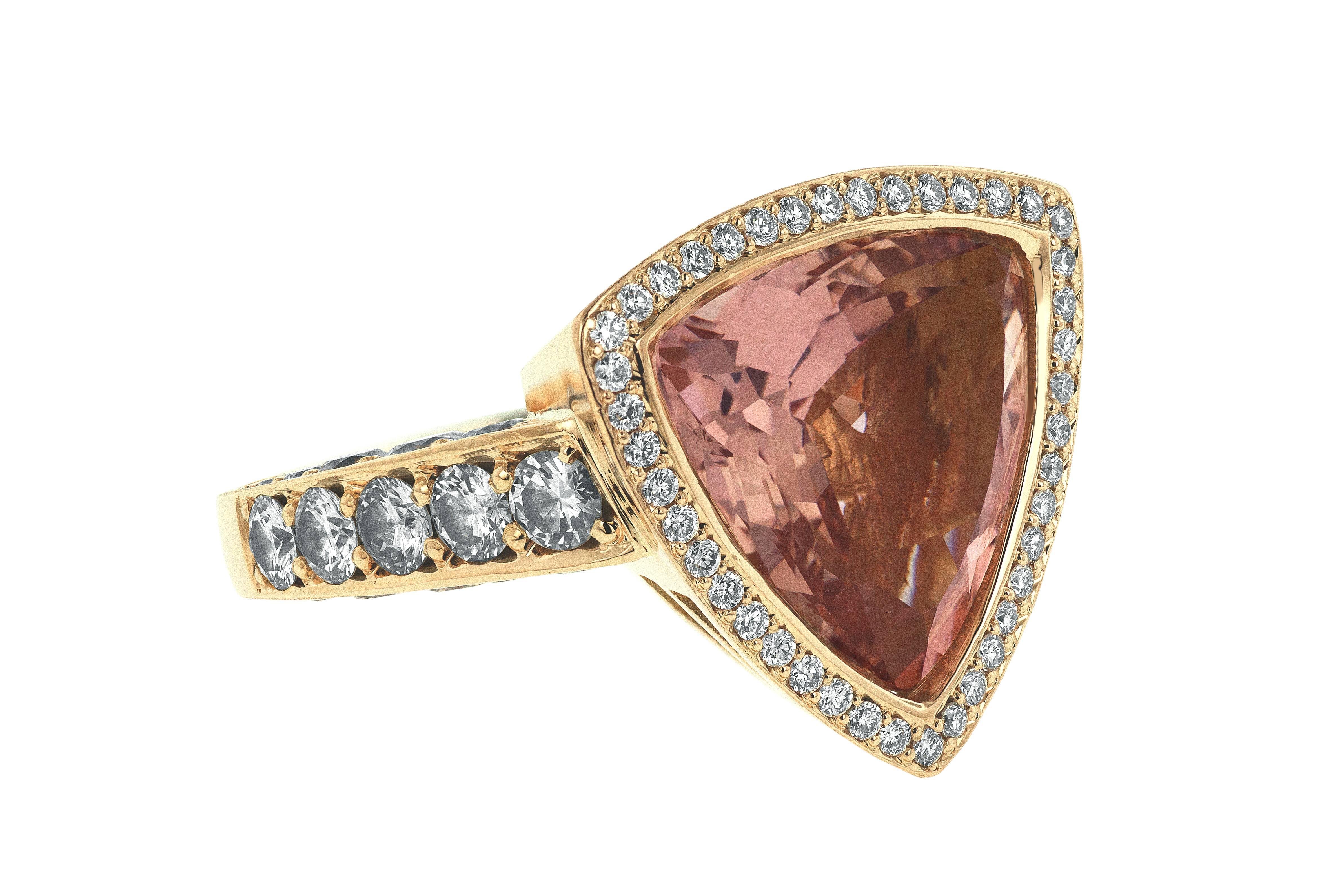 Contemporary Trilliant Cut Morganite Diamond Rose Gold Cocktail Ring