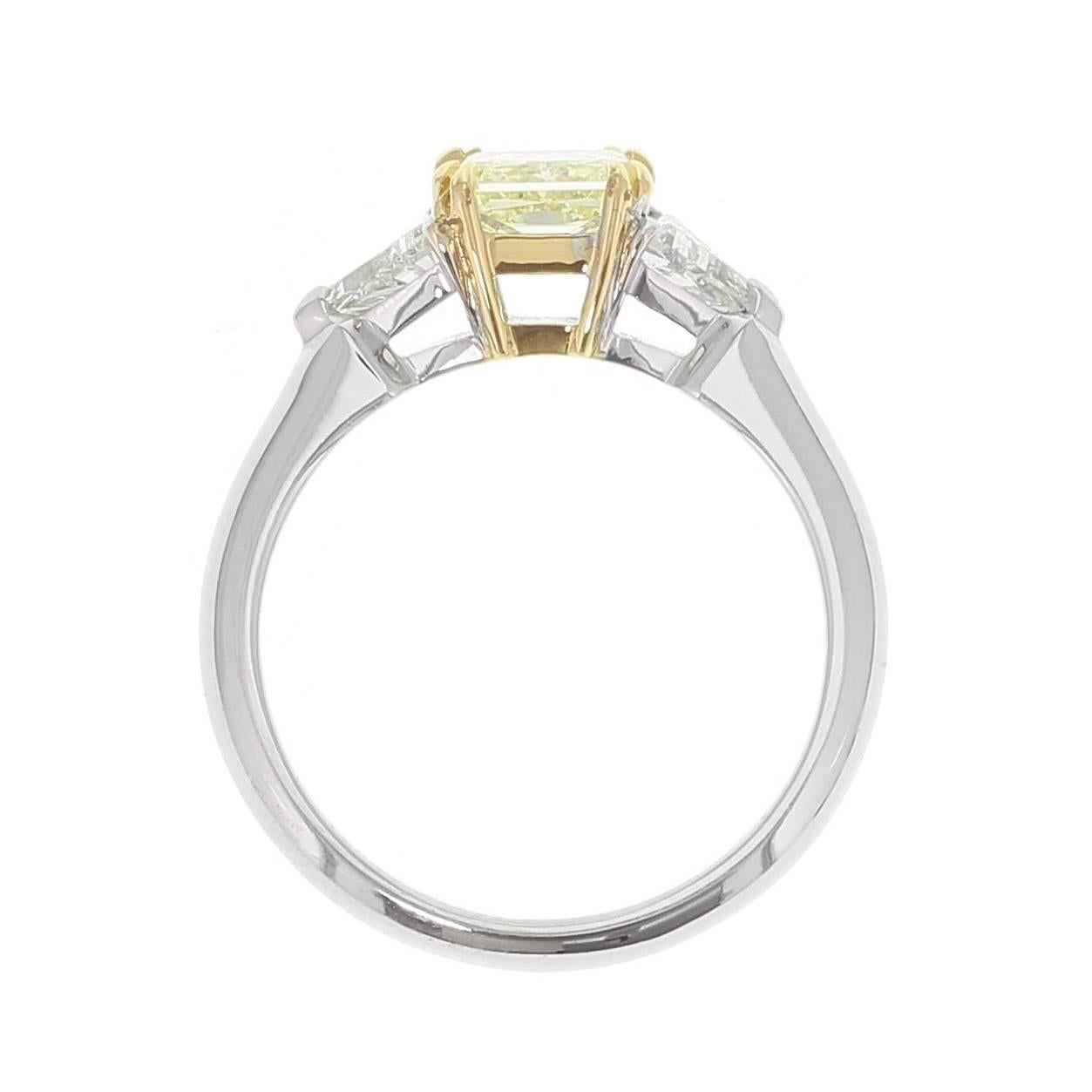 Radiant Cut 1.87 Carat Fancy Yellow Natural Diamond Three Stone Ring For Sale