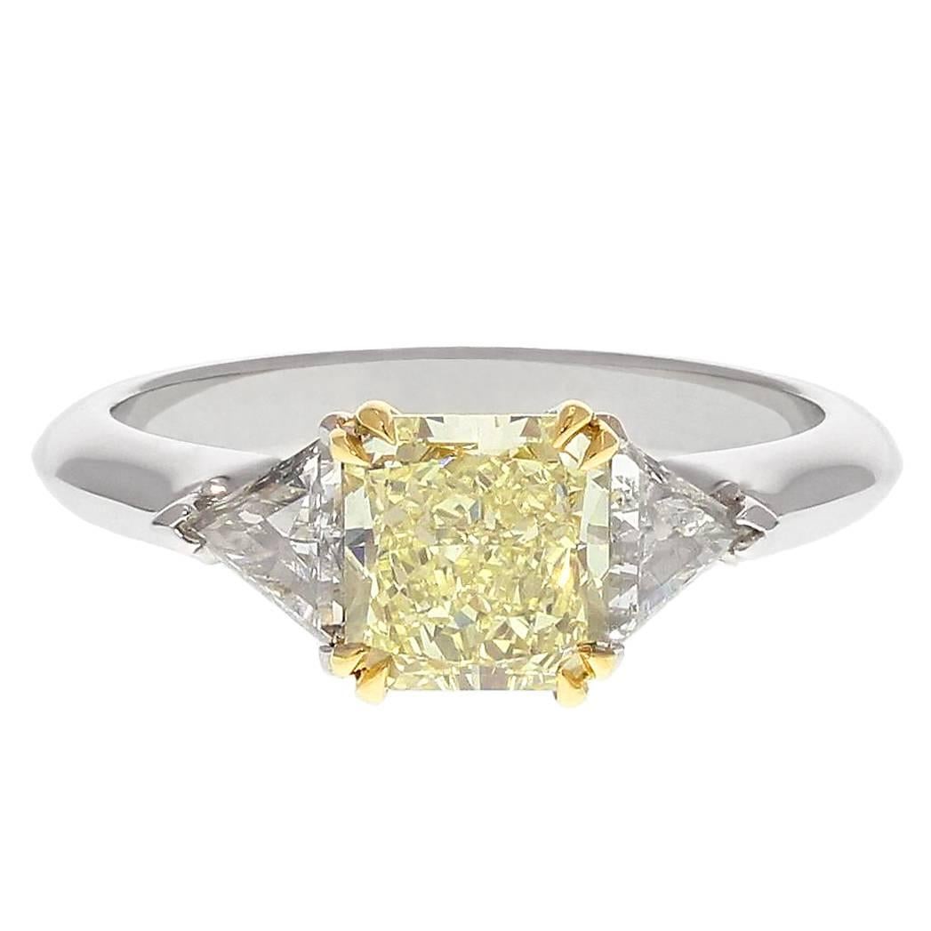 1.87 Carat Fancy Yellow Natural Diamond Three Stone Ring For Sale