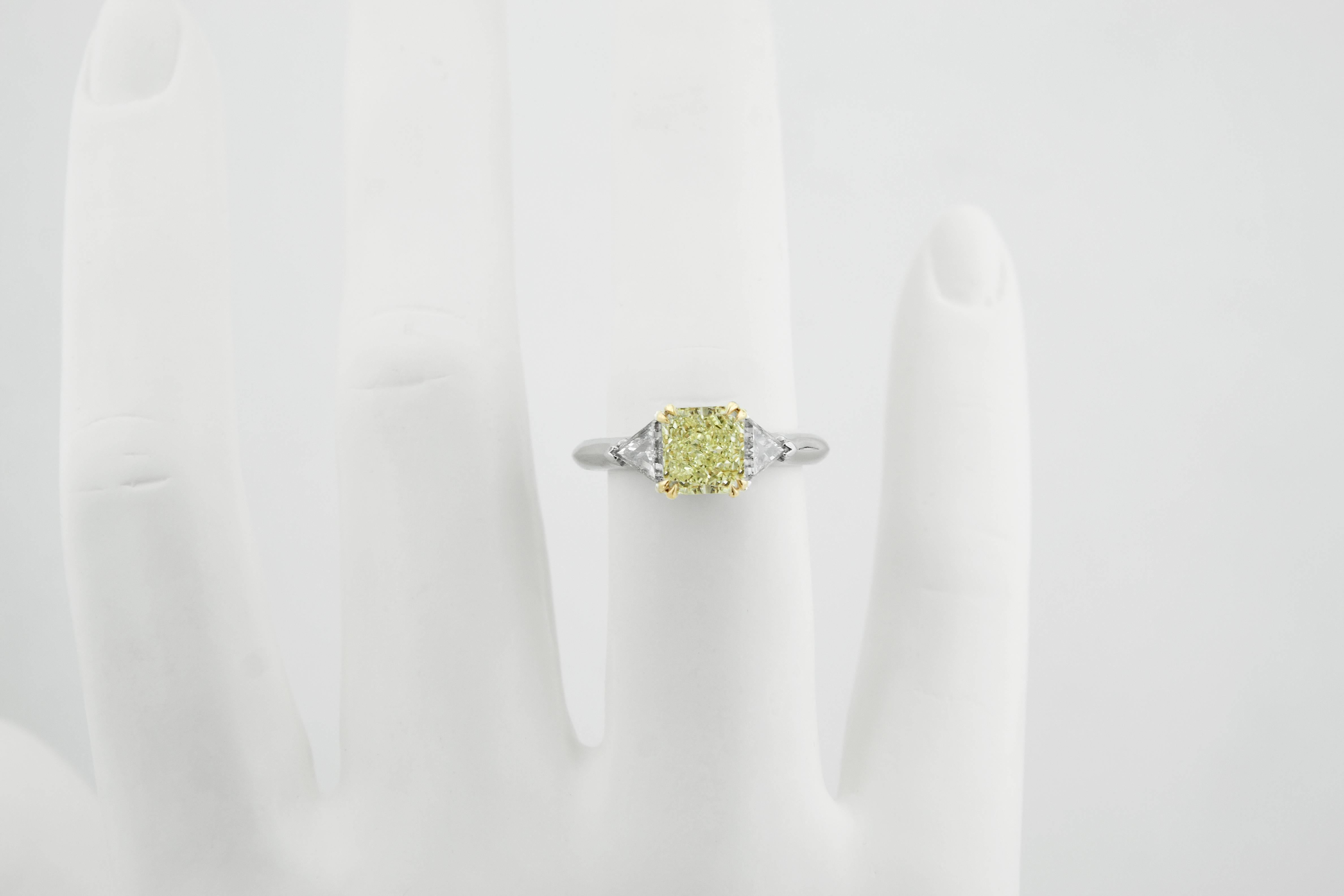 1.87 Carat Fancy Yellow Natural Diamond Three Stone Ring For Sale 1