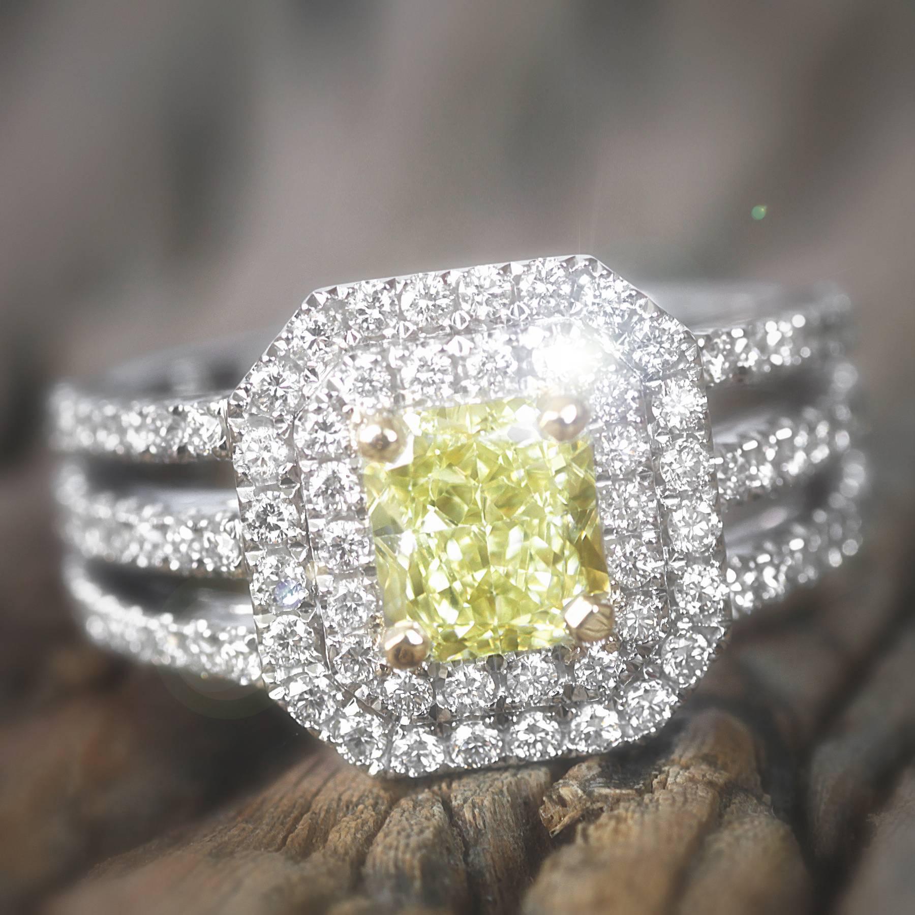 Women's GIA Certified 2.47 Carat Fancy Light Yellow VVS2 VG/VG Diamond Three Band Ring