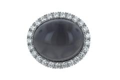 23.21 Carat Grey Cabochon Moonstone 2.00 Carat White Diamond Ring