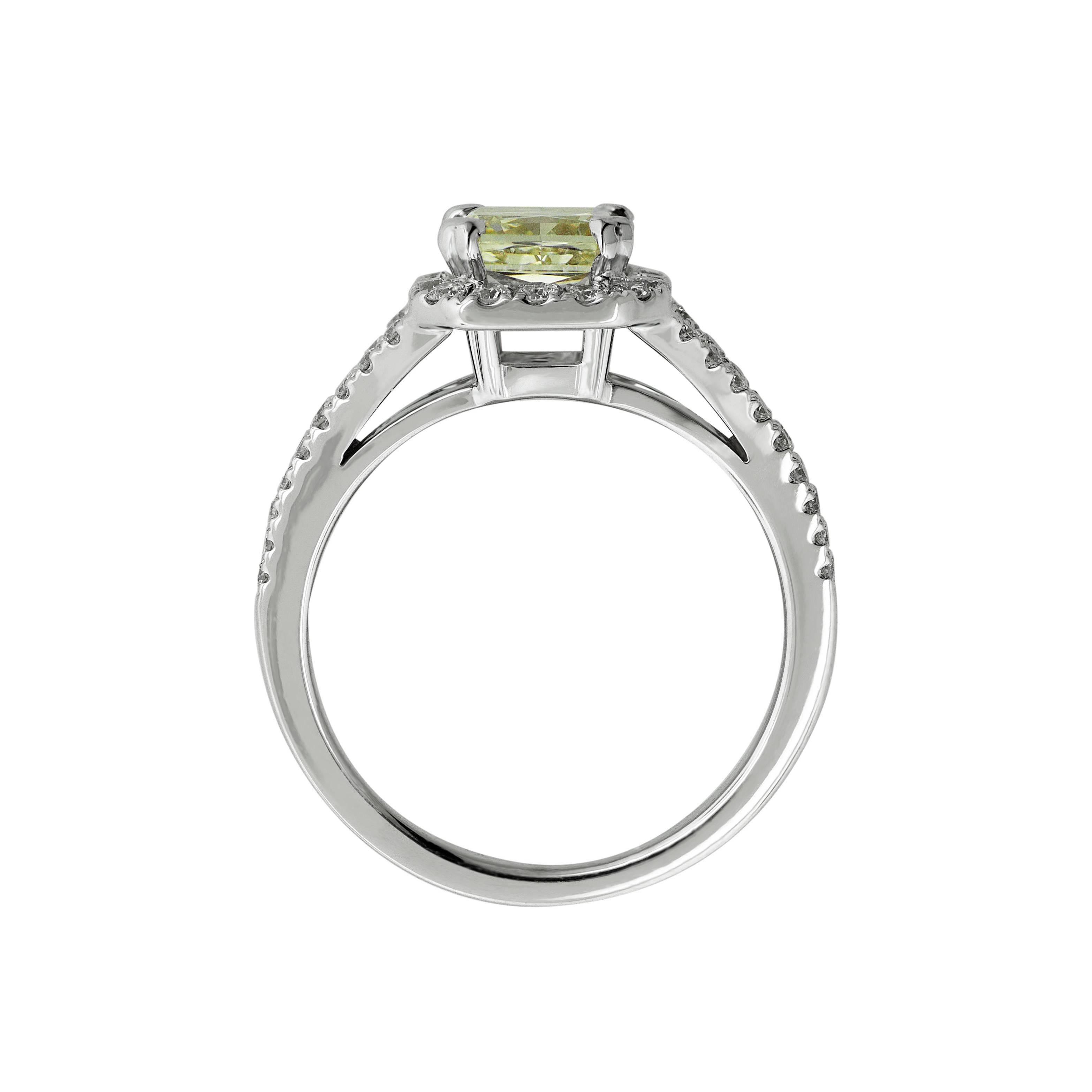 Radiant Cut GIA Certified 2.11 Carat Yellow Diamond Halo Engagement Ring 18 Karat White Gold For Sale