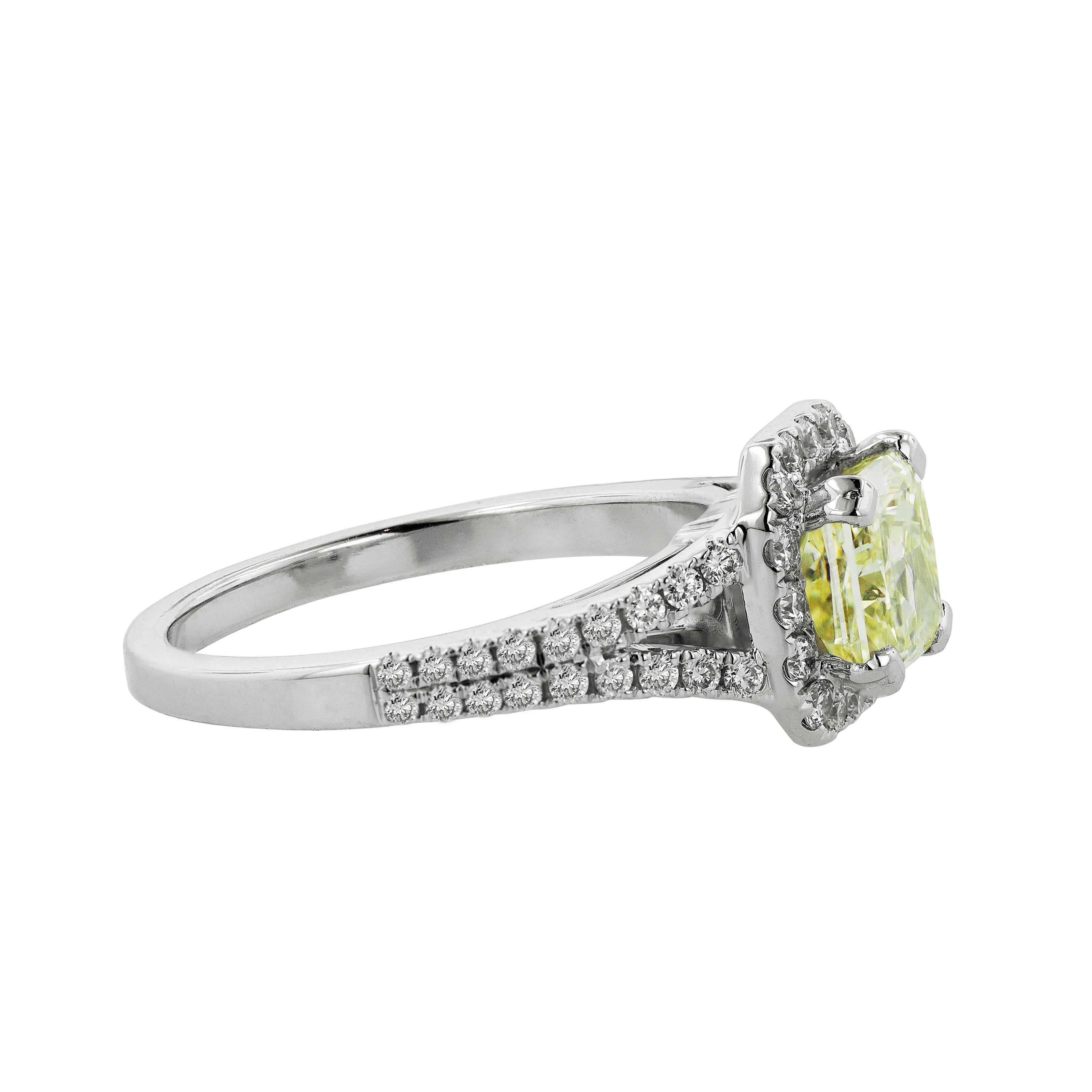 Contemporary GIA Certified 2.11 Carat Yellow Diamond Halo Engagement Ring 18 Karat White Gold For Sale