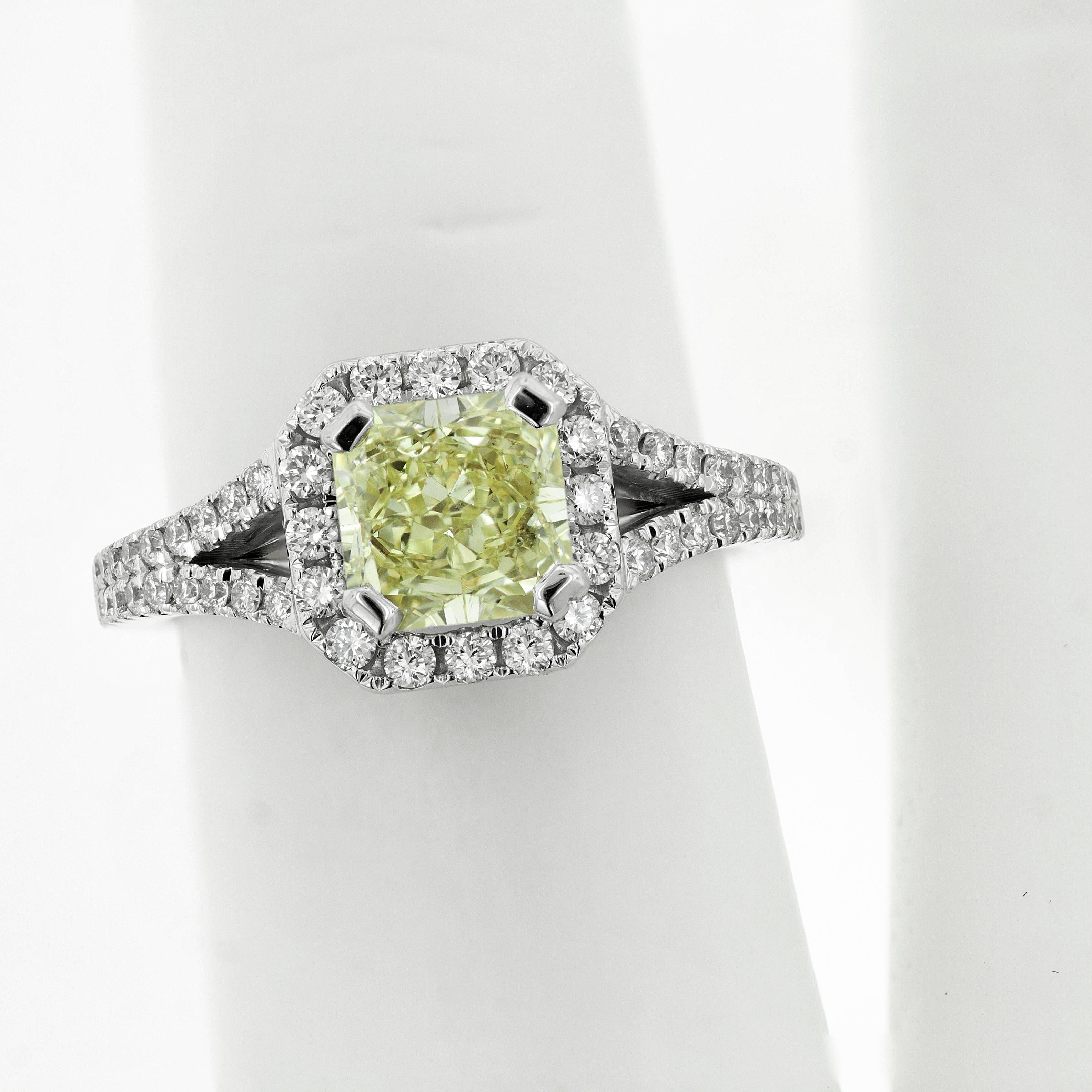 Women's GIA Certified 2.11 Carat Yellow Diamond Halo Engagement Ring 18 Karat White Gold For Sale