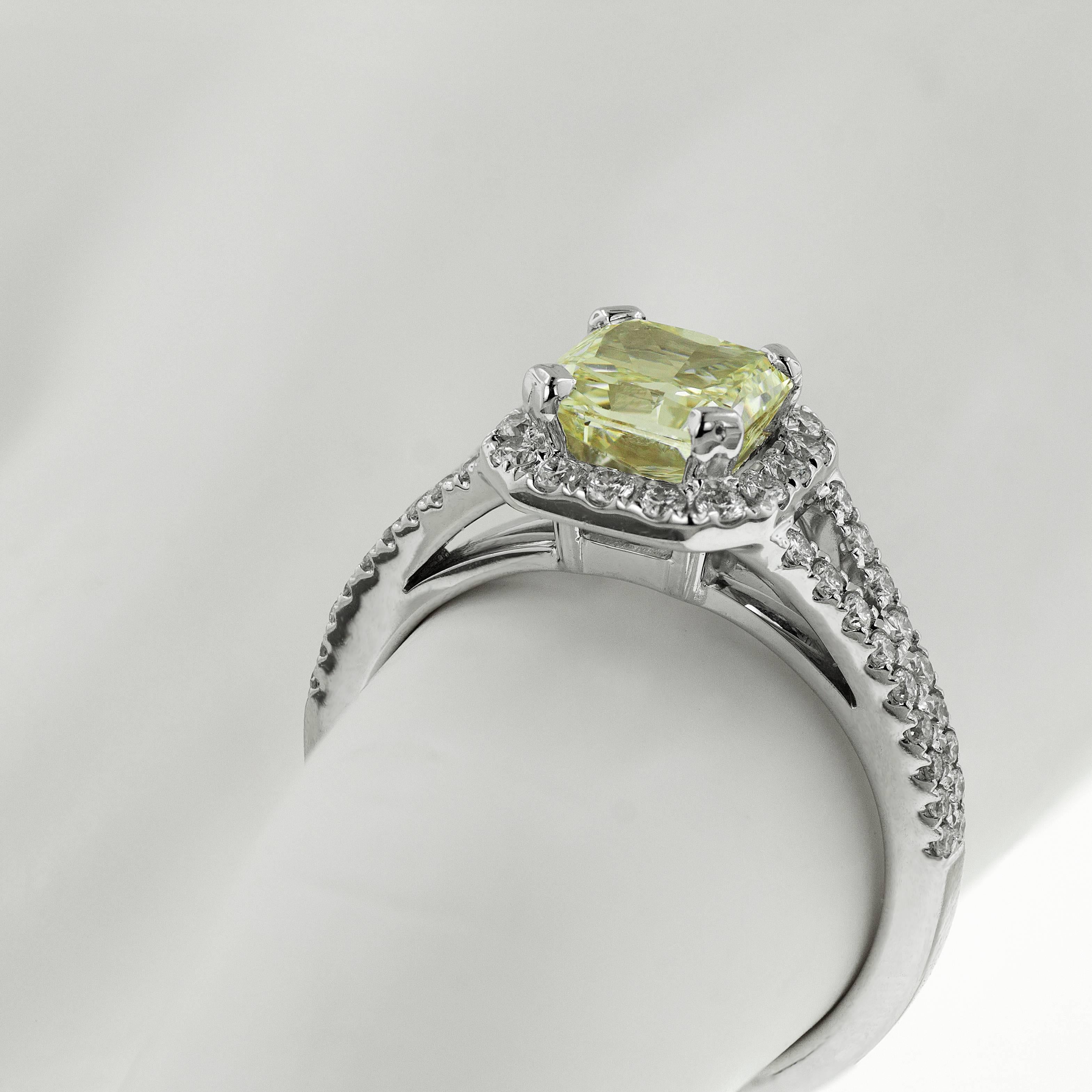 GIA Certified 2.11 Carat Yellow Diamond Halo Engagement Ring 18 Karat White Gold For Sale 1