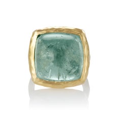 27 Carat Aquamarine Blue Sugarloaf Cabochon Statement Gold Ring