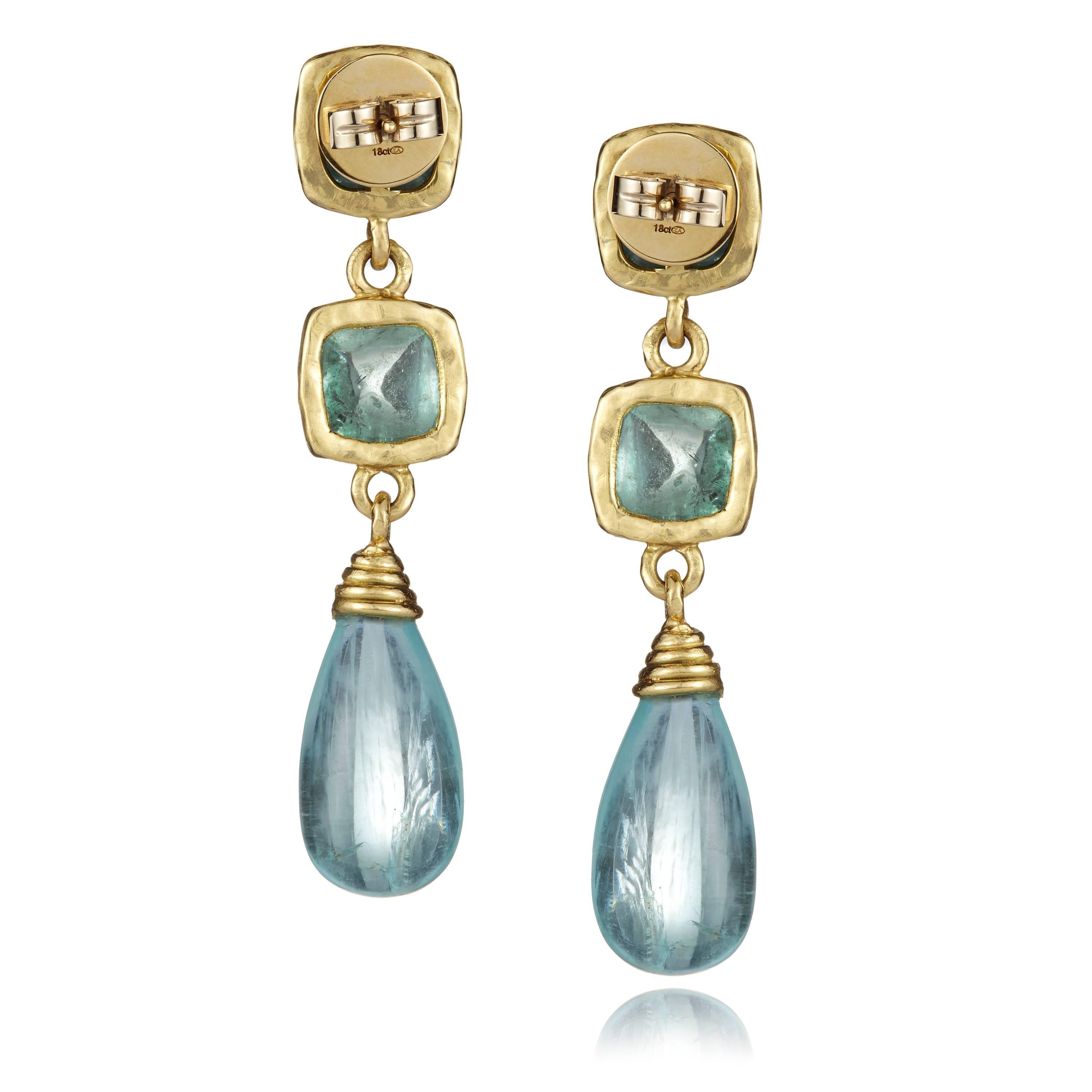 Classical Roman Aquamarine Blue Sugarloaf Cabochon Drop Gold Earrings For Sale