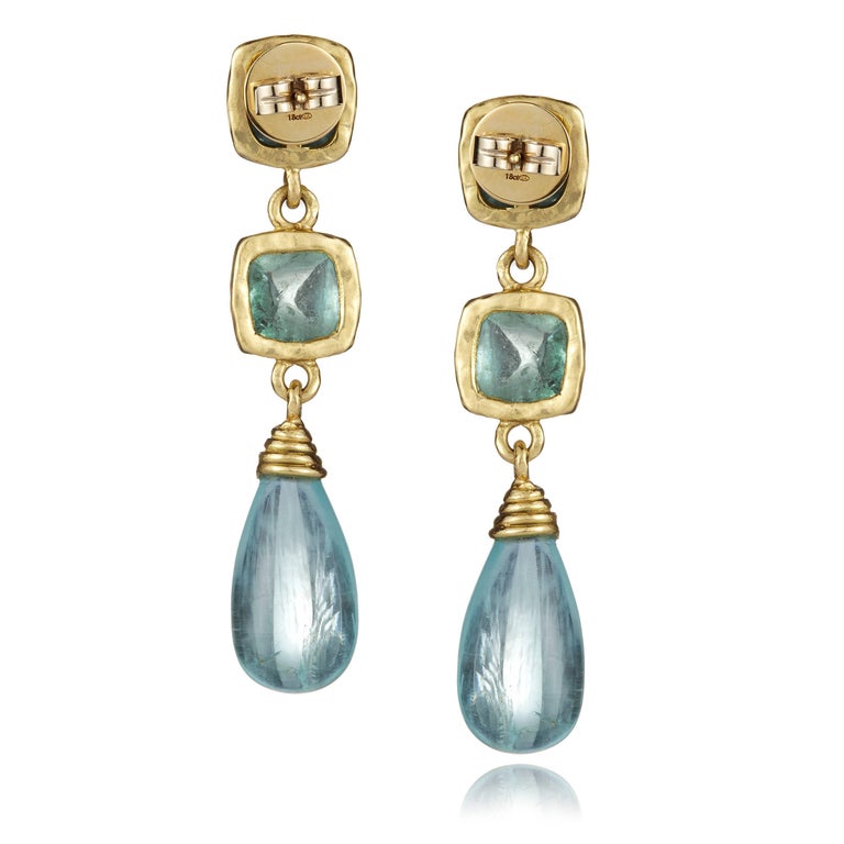 Aquamarine Blue Sugarloaf Cabochon Drop Gold Earrings For Sale at 1stDibs