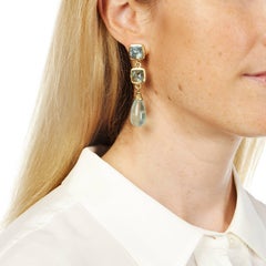 Aquamarine Blue Sugarloaf Cabochon Drop Gold Earrings