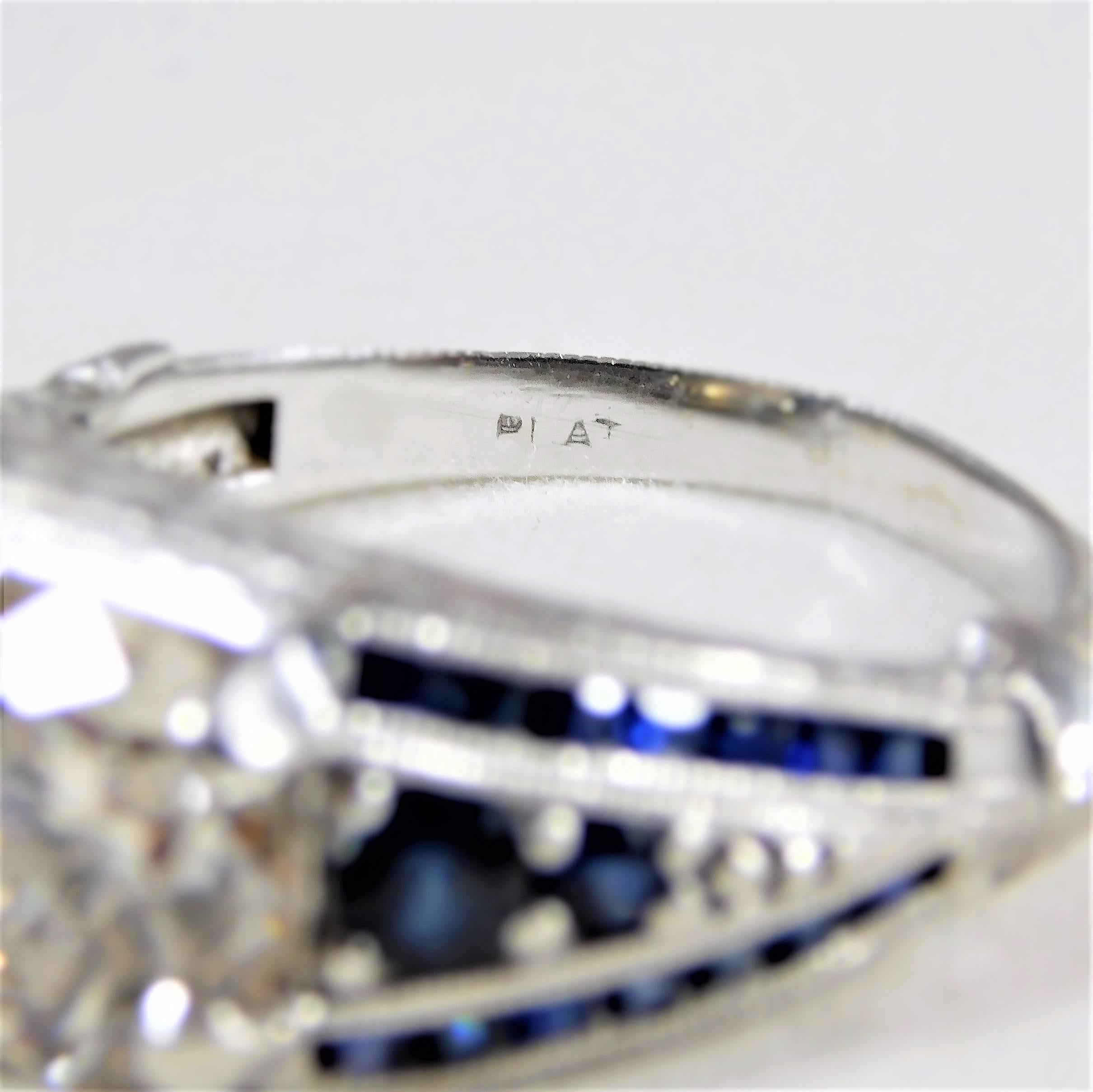 Princess Cut Ornate Custom-Made Sapphire and Champagne Colored Diamond Platinum Ring For Sale