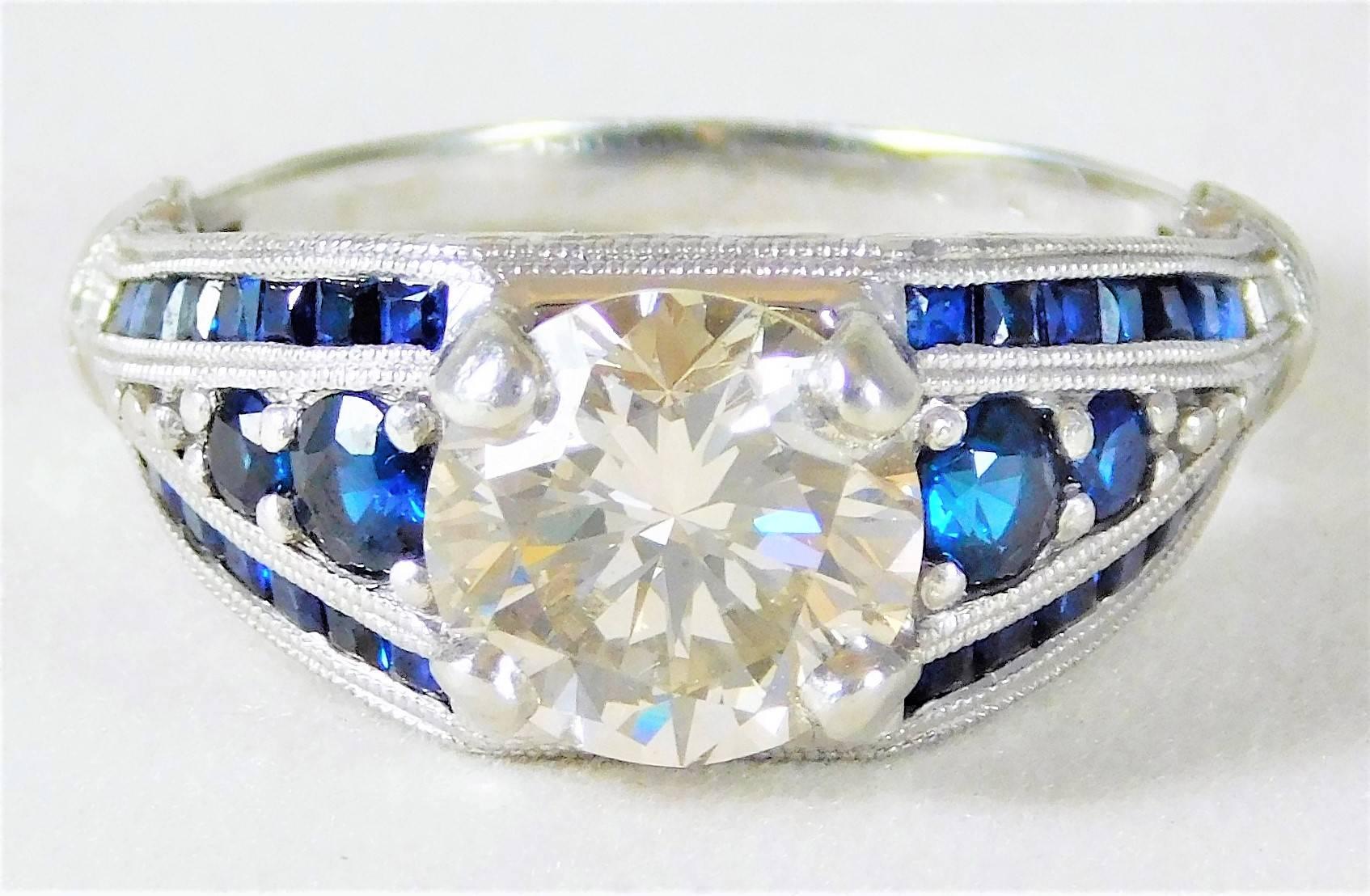 Ornate Custom-Made Sapphire and Champagne Colored Diamond Platinum Ring In Excellent Condition For Sale In Metairie, LA