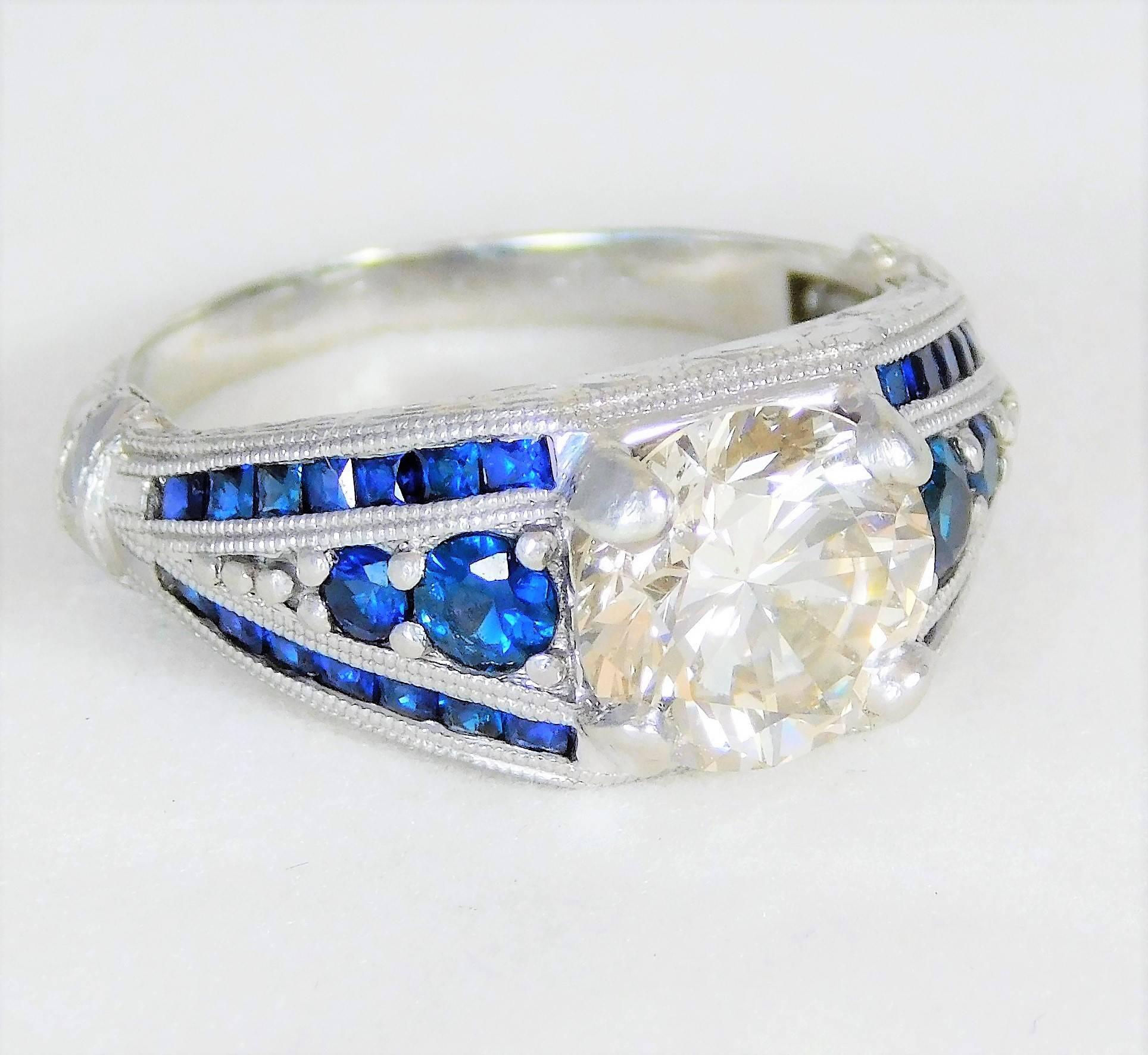 Women's or Men's Ornate Custom-Made Sapphire and Champagne Colored Diamond Platinum Ring For Sale