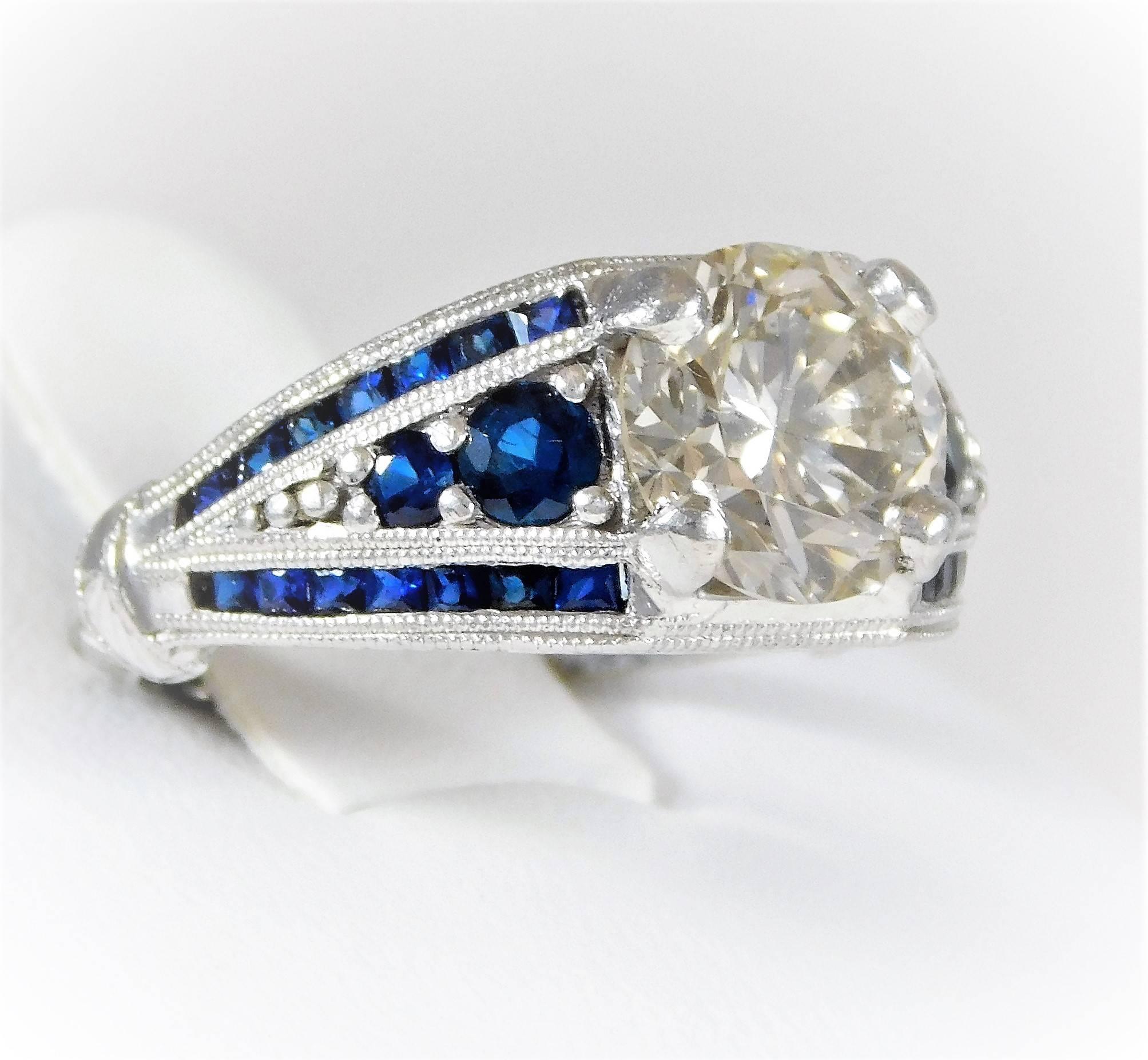 Ornate Custom-Made Sapphire and Champagne Colored Diamond Platinum Ring For Sale 2