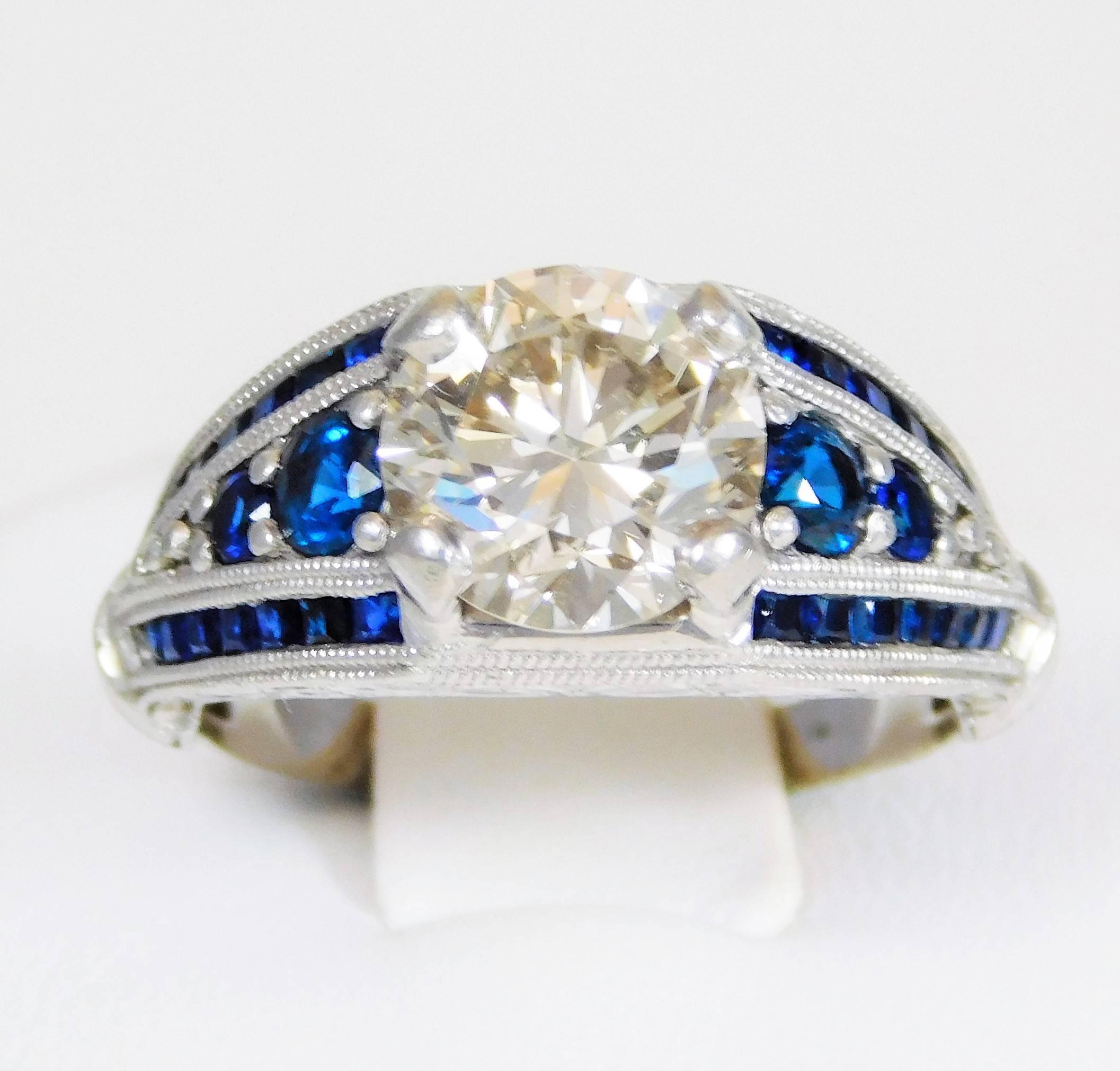 Ornate Custom-Made Sapphire and Champagne Colored Diamond Platinum Ring For Sale 1