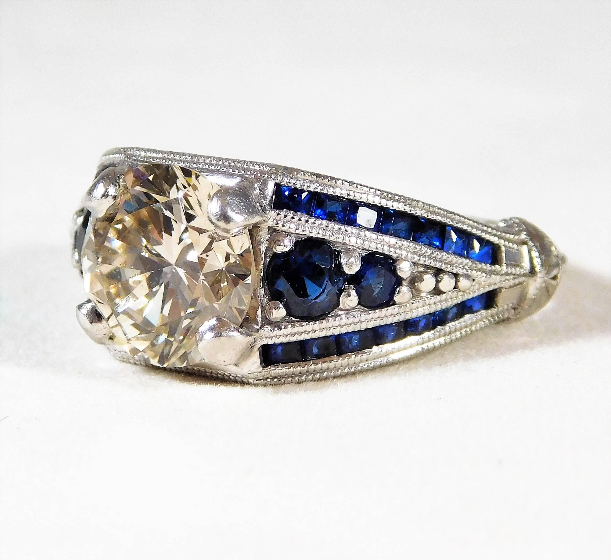 Ornate Custom-Made Sapphire and Champagne Colored Diamond Platinum Ring For Sale 3