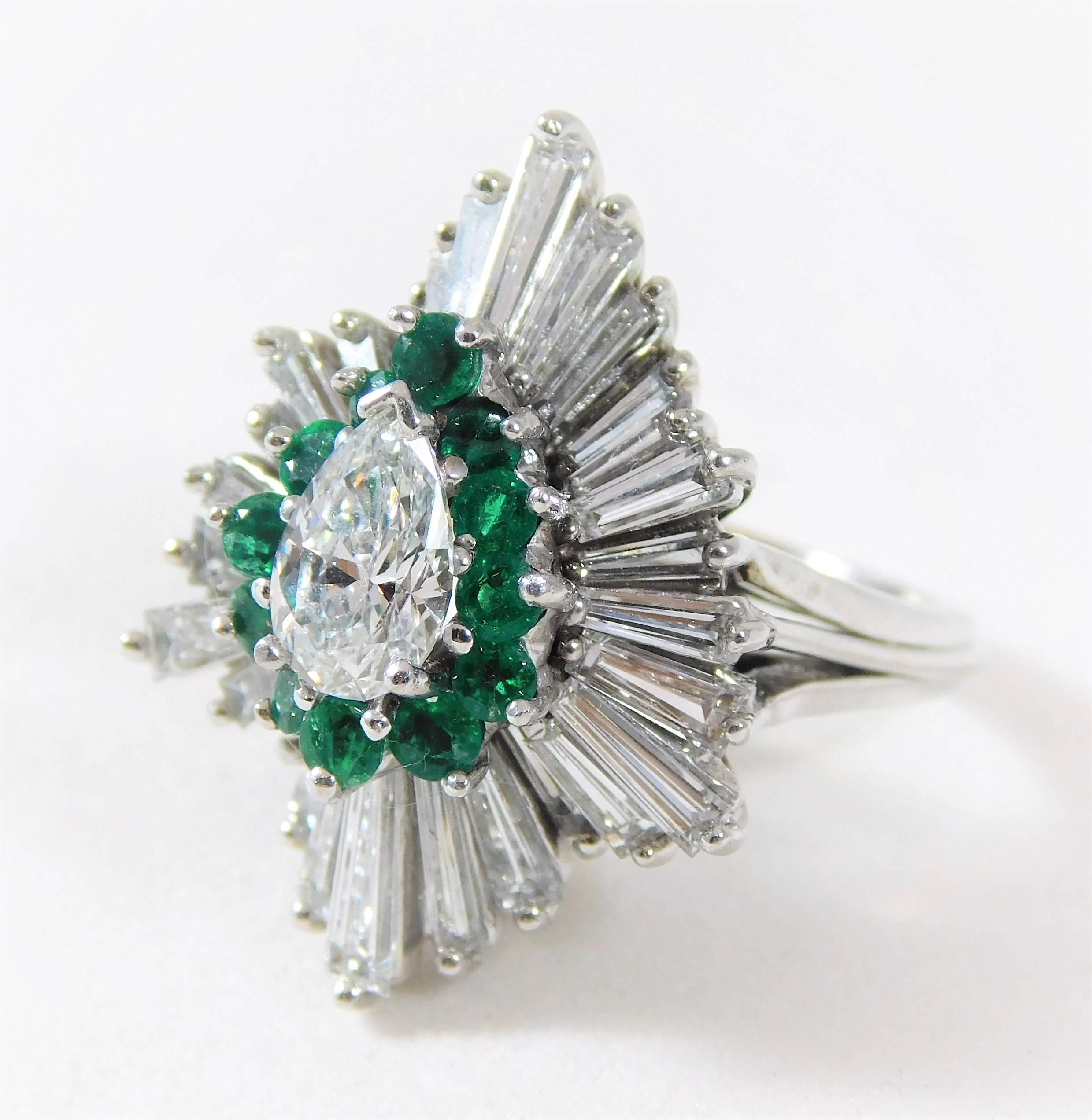 1970s Emerald Diamond white gold Ballerina Ring For Sale 1