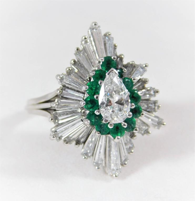 1970s Emerald Diamond white gold Ballerina Ring For Sale at 1stDibs
