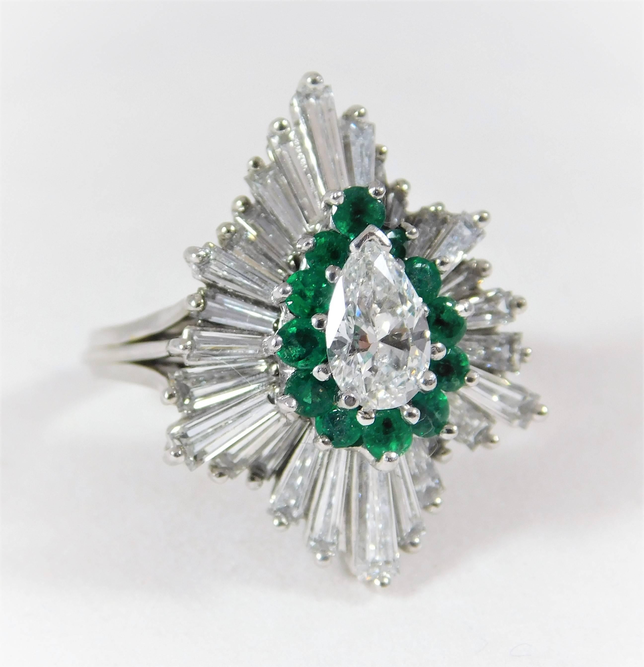 1970s Emerald Diamond white gold Ballerina Ring For Sale 2