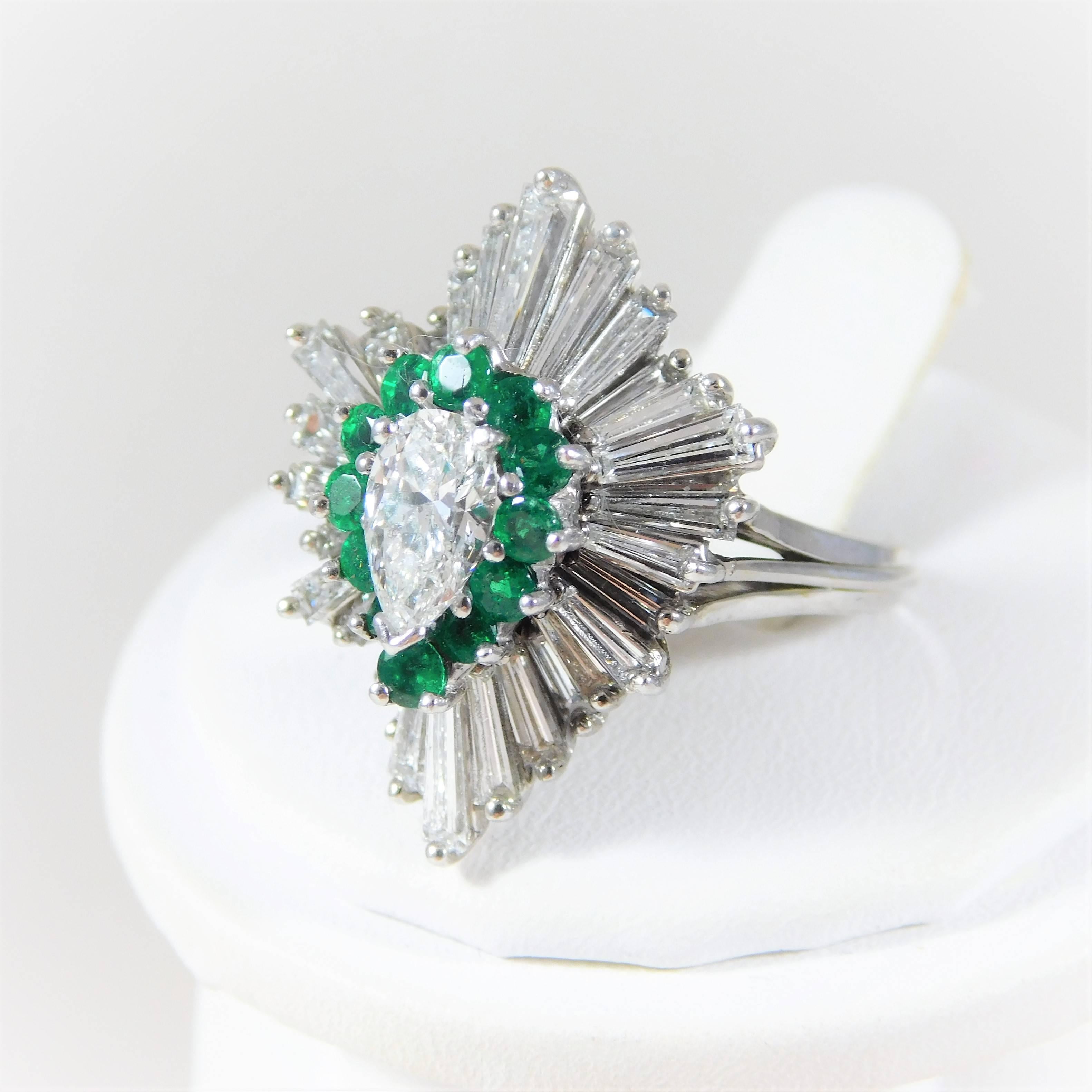 1970s Emerald Diamond white gold Ballerina Ring For Sale 4