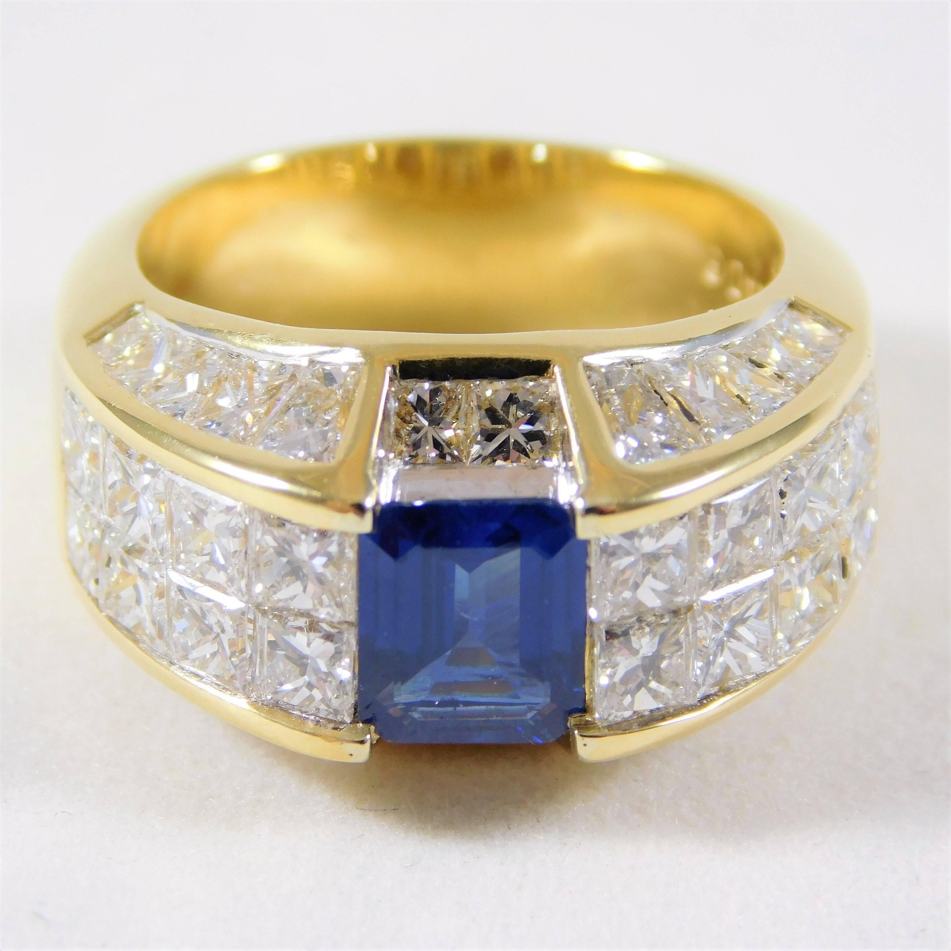 Women's Emerald-Cut Sapphire and Rare Quadrillion-Cut Diamonds Gold Ring 