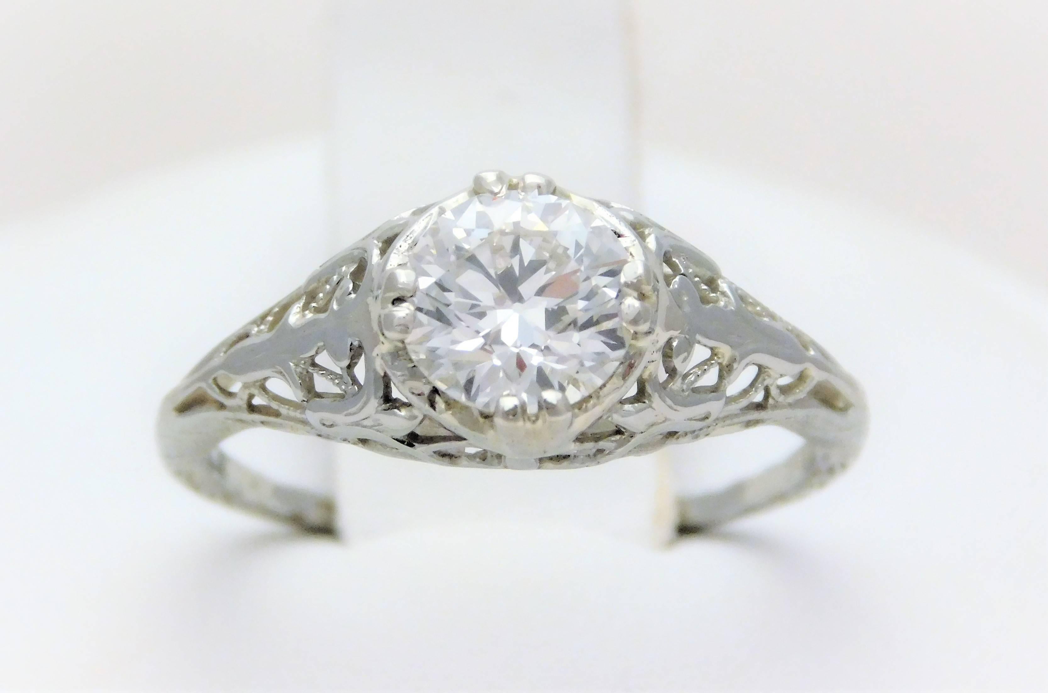 18k White Gold Edwardian European-Cut Diamond Engagement Ring

From a European estate.  Circa 1912.  This dignified engagement style ring has been hand crafted in 18k white gold.    It has been masterfully jeweled with a magnificent round