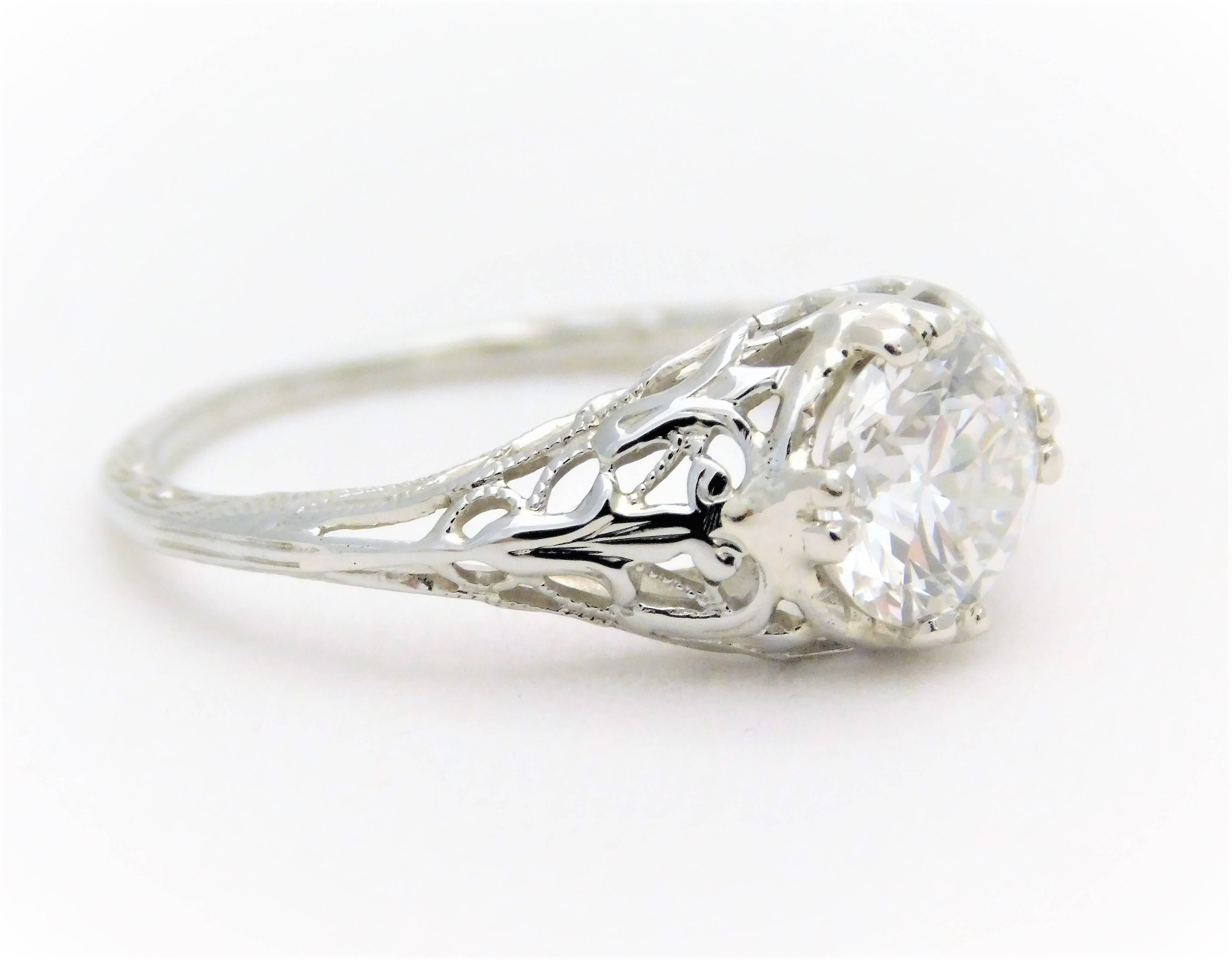 18 Karat White Gold Edwardian European-Cut Diamond Engagement Ring In Excellent Condition For Sale In Metairie, LA