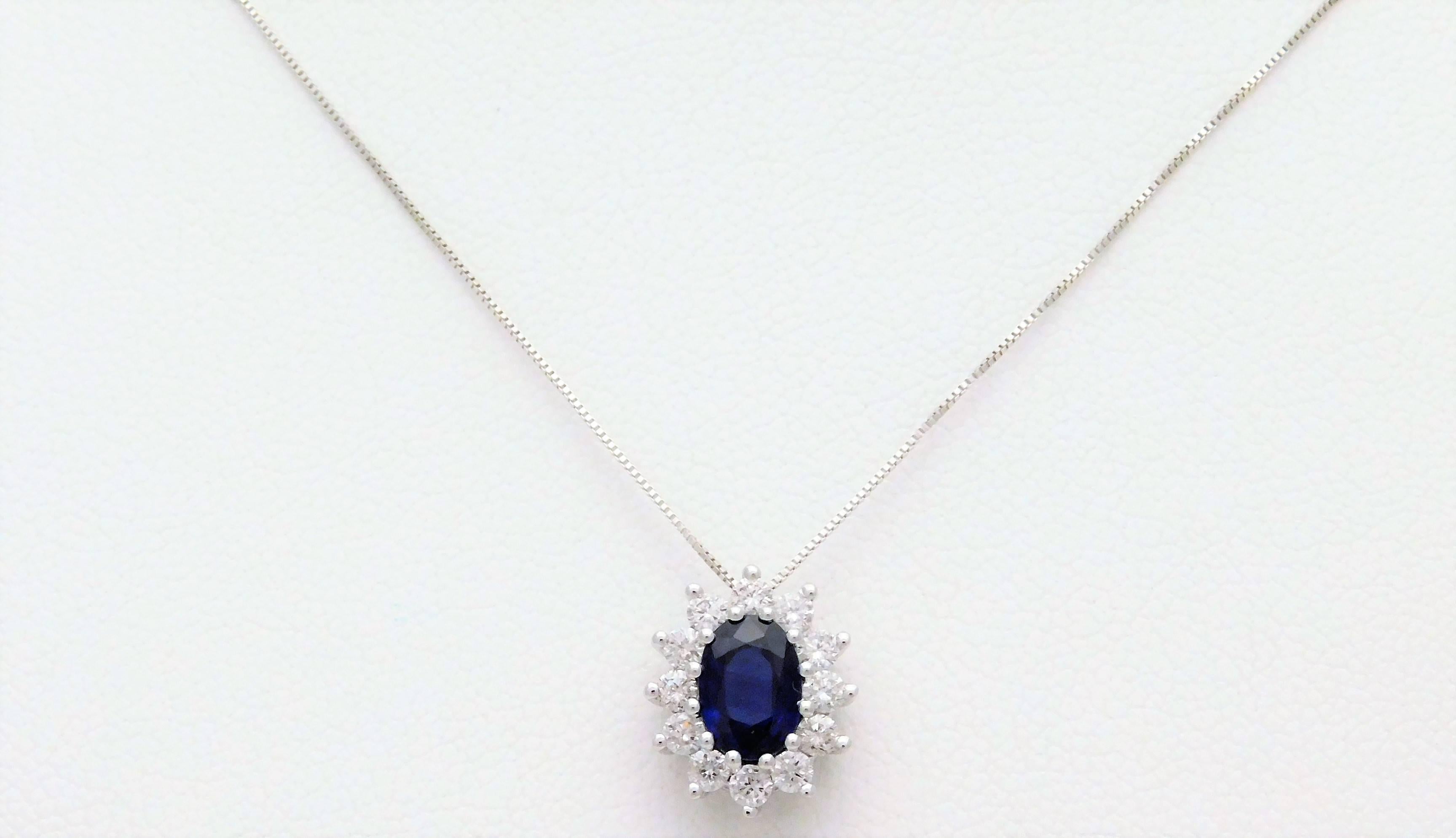 14 Karat White Gold Natural Deep Blue Sapphire and Diamond Halo Pendant Necklace 3