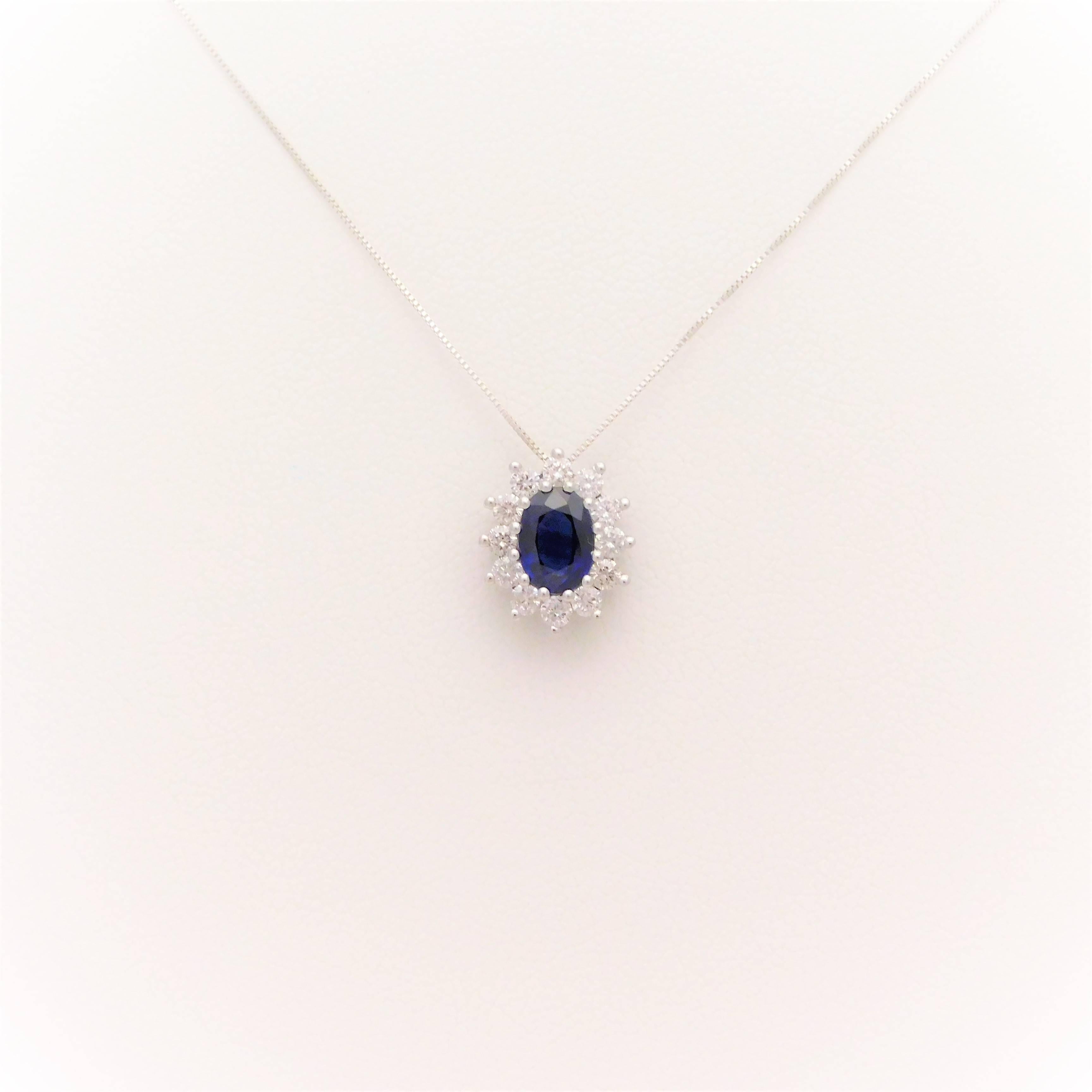 14 Karat White Gold Natural Deep Blue Sapphire and Diamond Halo Pendant Necklace 2