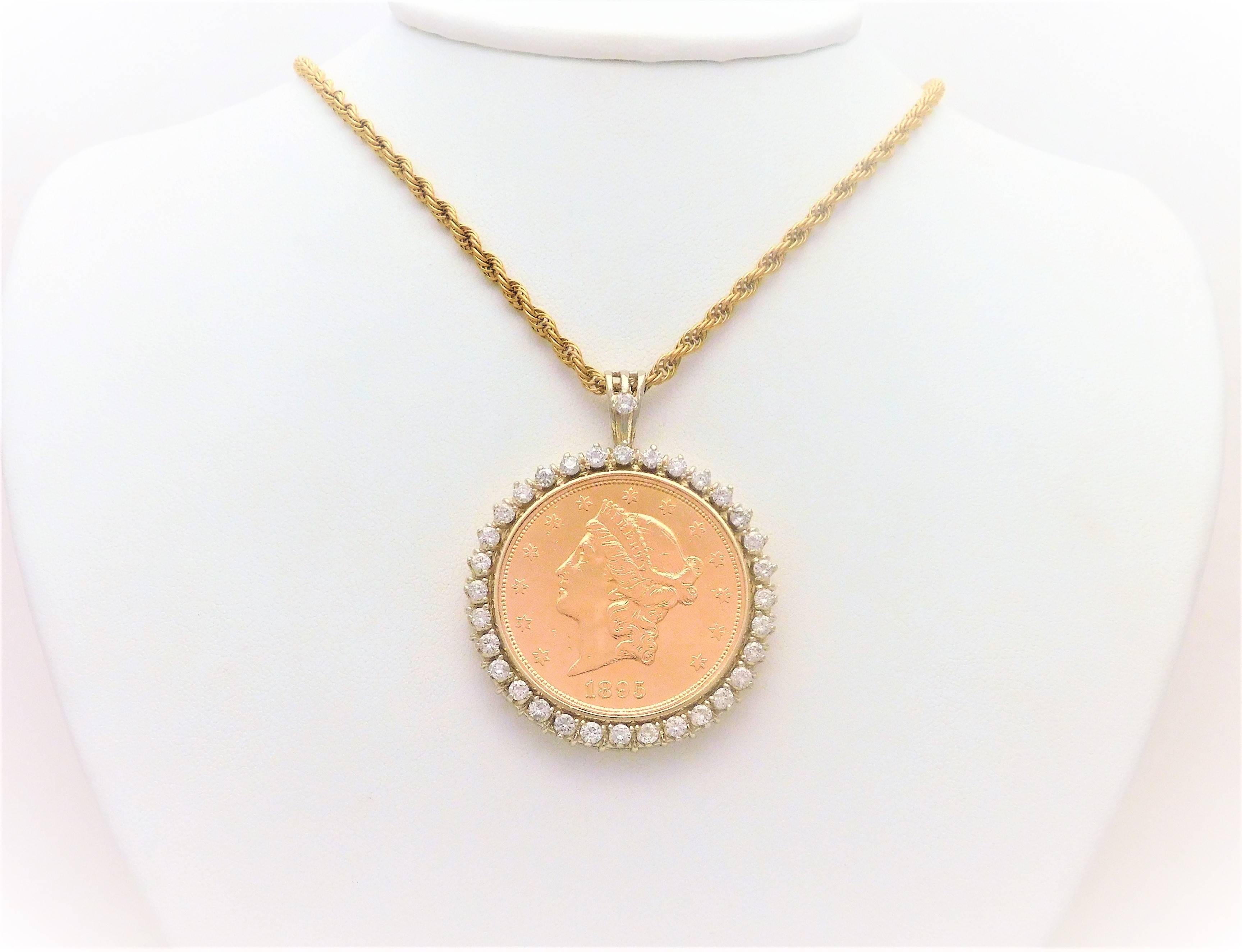 3.20ct Diamond USA 1895-S Twenty Dollar Coin Pendant

From a noble New Orleans estate.  Circa 1960.  This exquisite coin holder pendant has been crafted in solid 14k yellow gold.  It has been jeweled with a gorgeous, slightly circulated, 24k 1845 US