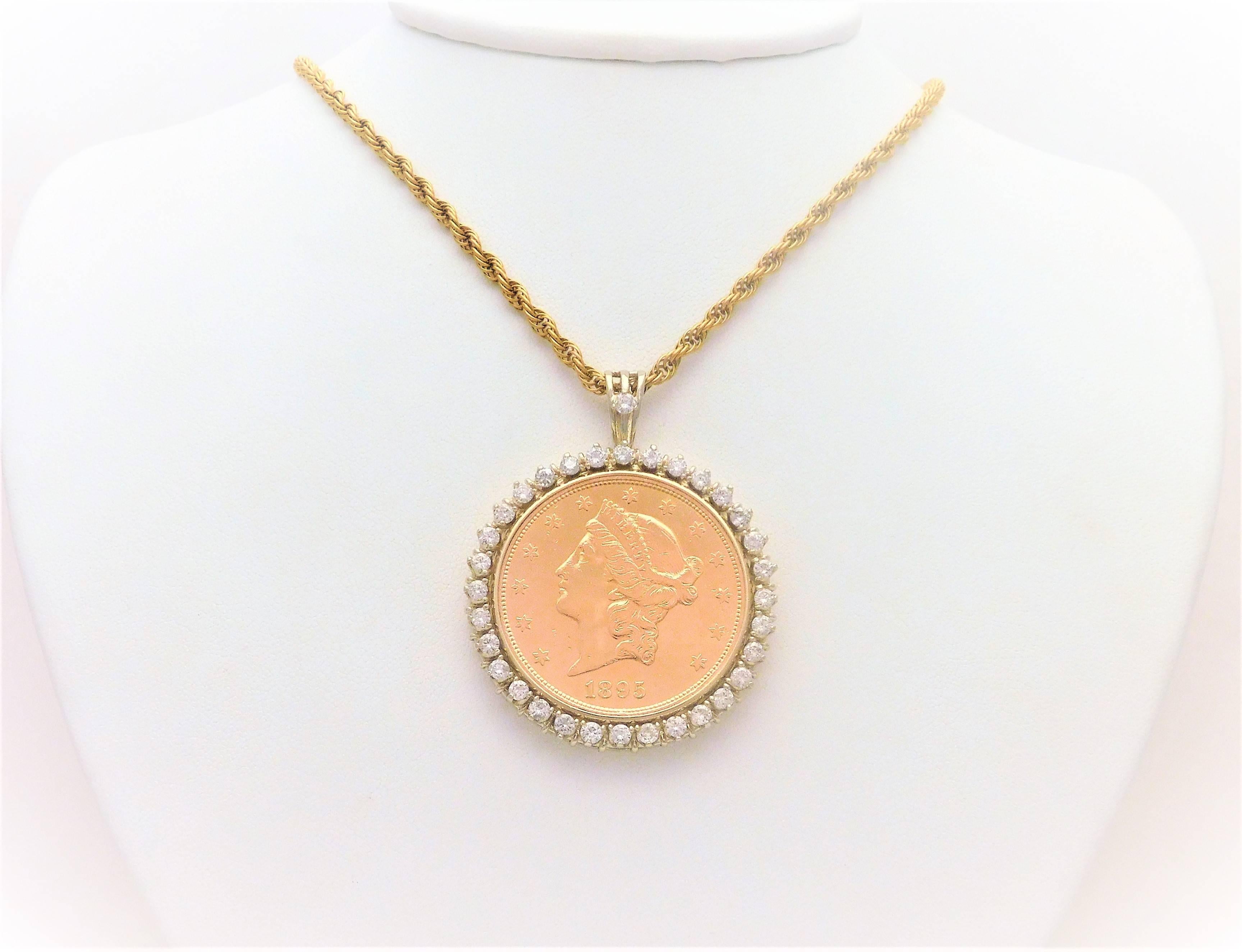 3.20ct Diamond USA 1895-S Twenty Dollar Coin Pendant

From a noble New Orleans estate.  Circa 1960.  This exquisite coin holder pendant has been crafted in solid 14k yellow gold.  It has been jeweled with a gorgeous, slightly circulated, 24k 1845 US