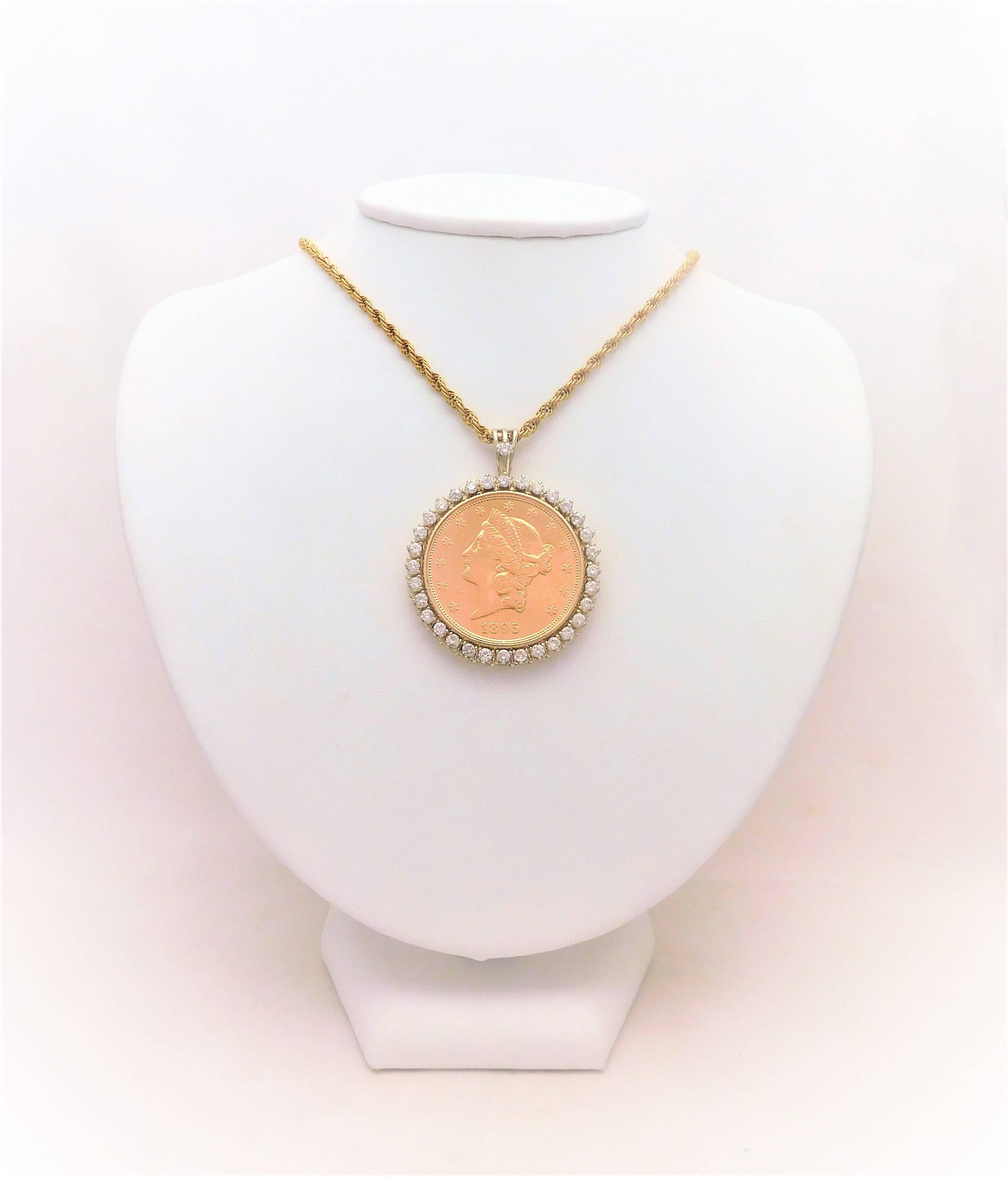 Round Cut Diamond USA 1895-S Twenty Dollar Coin Pendant