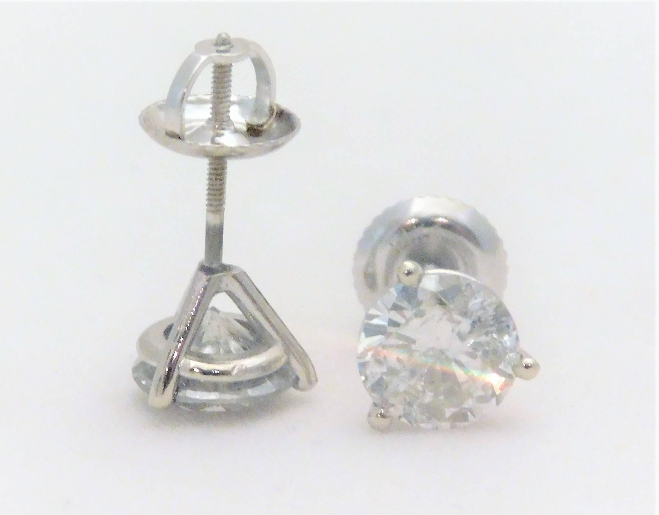 Women's or Men's 2.12 Carat Total Weight Diamond Stud Earrings For Sale