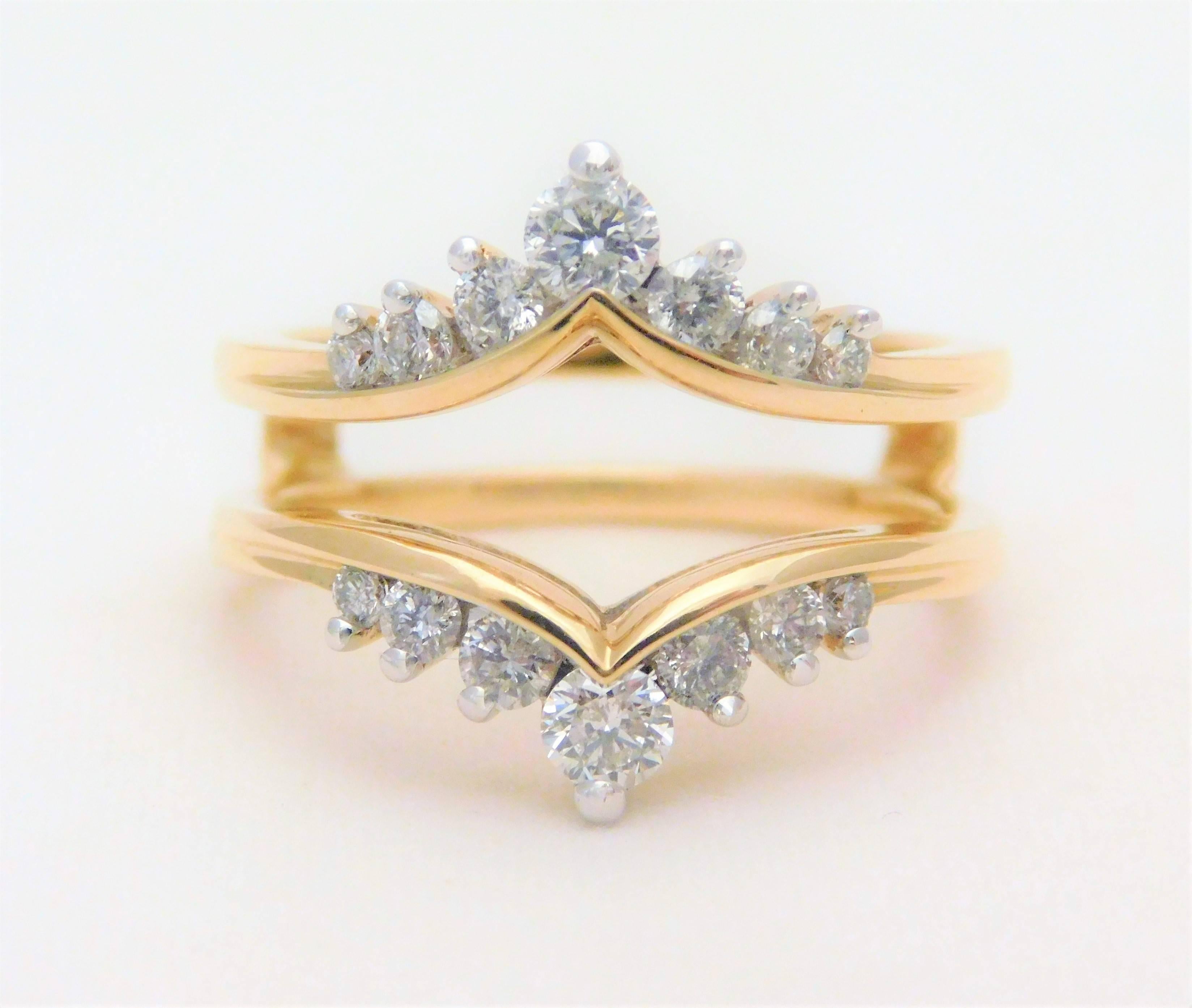 From a Southern estate.  Circa 1960.  This Unique vintage wrap ring enhancer has been crafted in solid 14k yellow gold.  It has been masterfully jeweled with 14 round brilliant-cut diamonds approximating 0.75ct in total carat weight.  The vintage