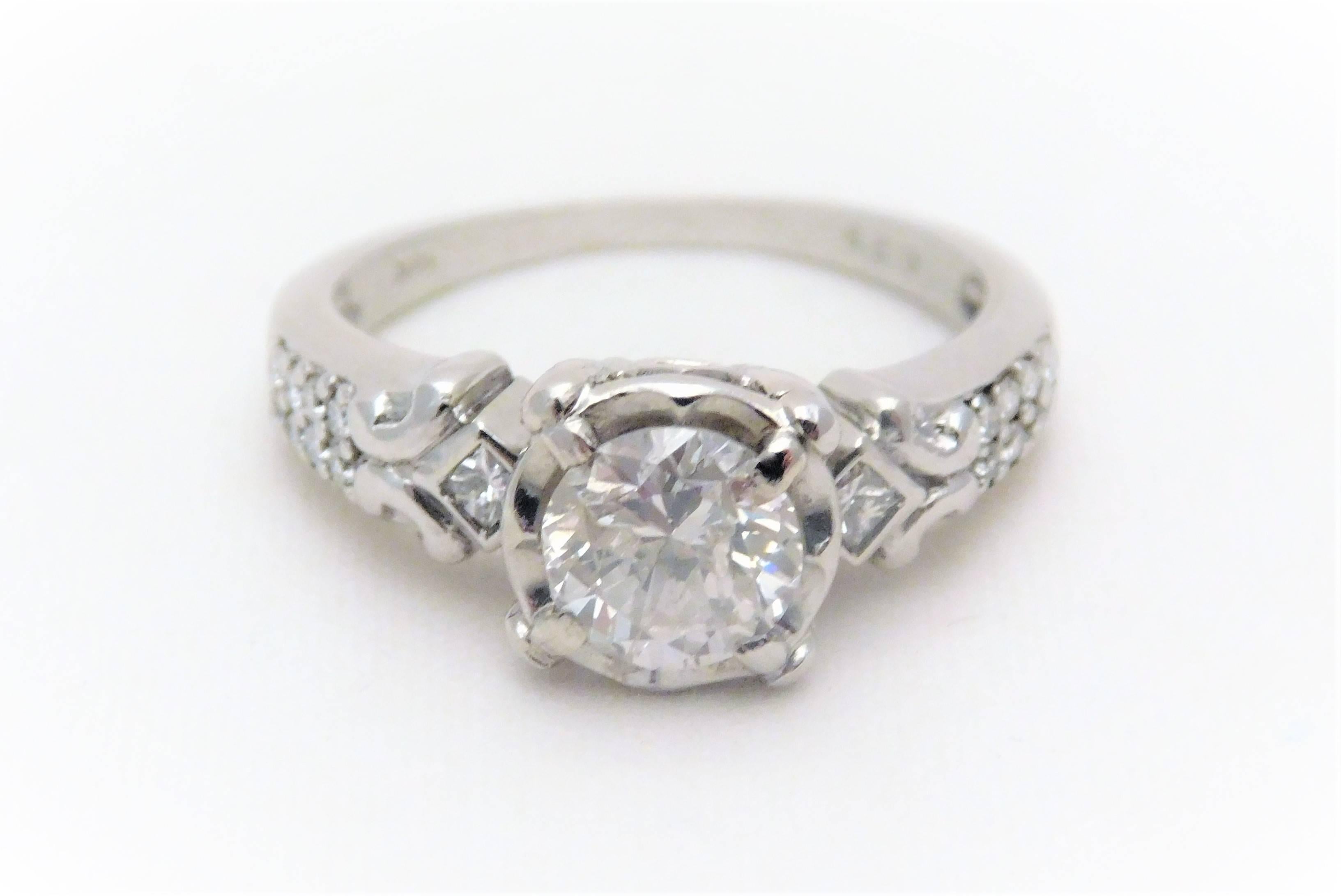 Round Cut Vintage 14 Karat White Gold Diamond Engagement Ring For Sale