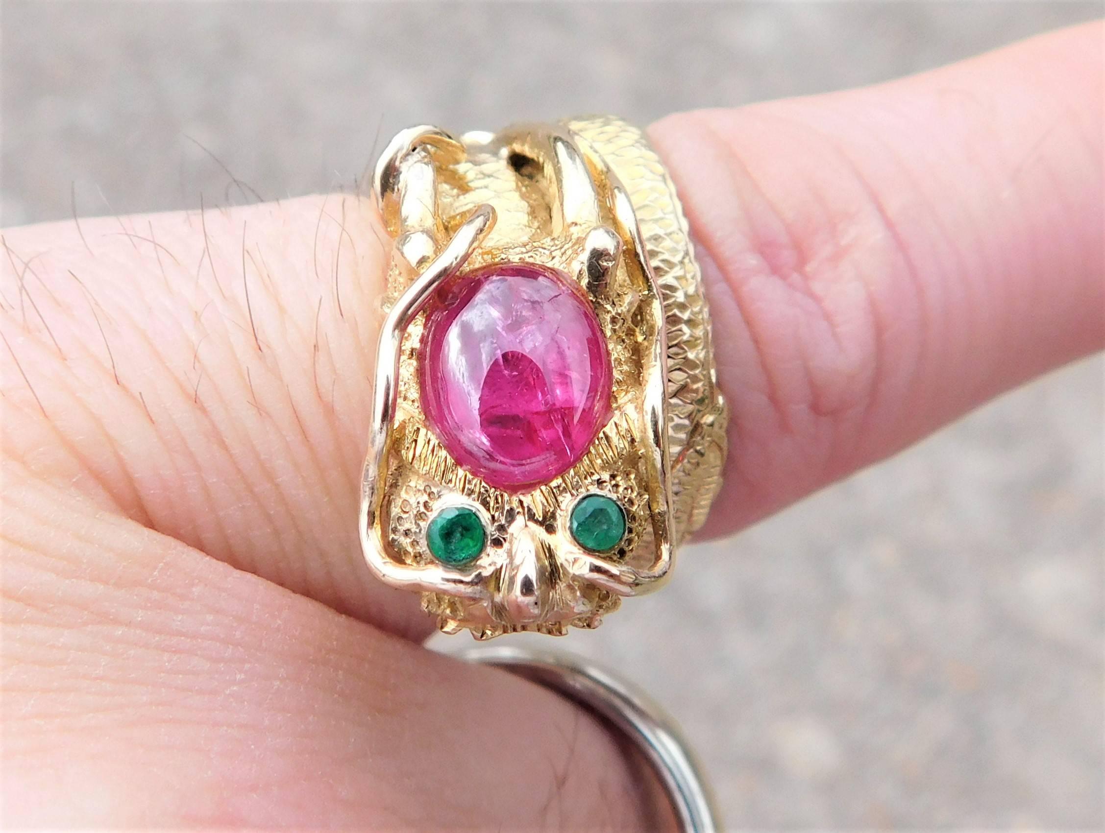 Handcrafted 14 Karat Gold Ruby and Emerald Serpentine Dragon Ring In Excellent Condition In Metairie, LA