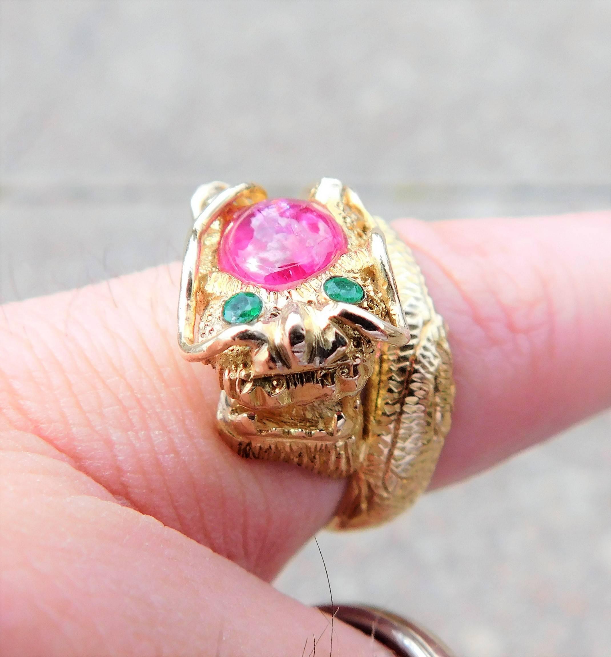 Women's or Men's Handcrafted 14 Karat Gold Ruby and Emerald Serpentine Dragon Ring