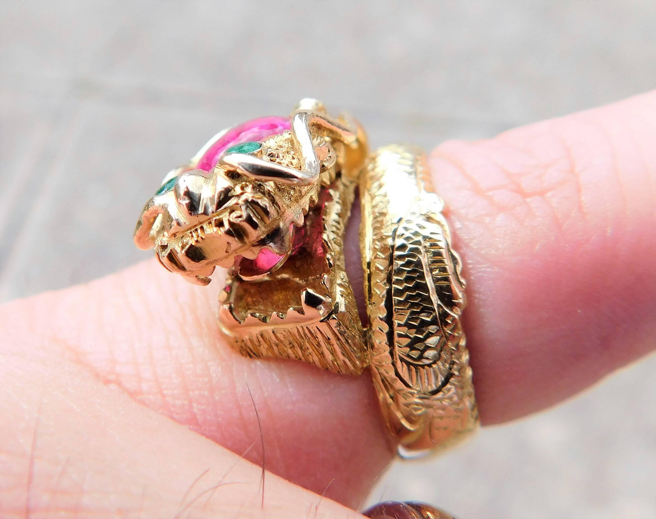 Handcrafted 14 Karat Gold Ruby and Emerald Serpentine Dragon Ring 1